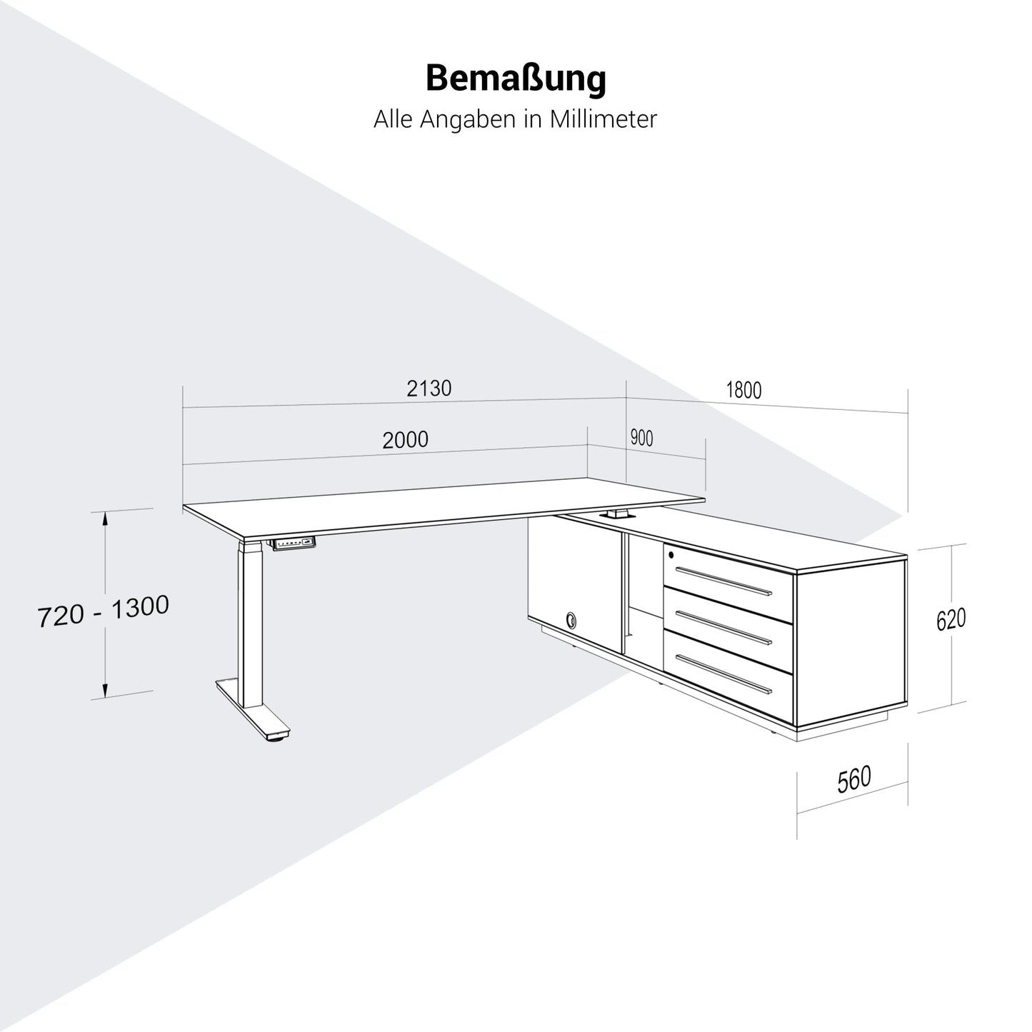 ART Chief Desk avec buffet | 2240 x 1800 mm, réglable à hauteur électrique, chêne sauvage
