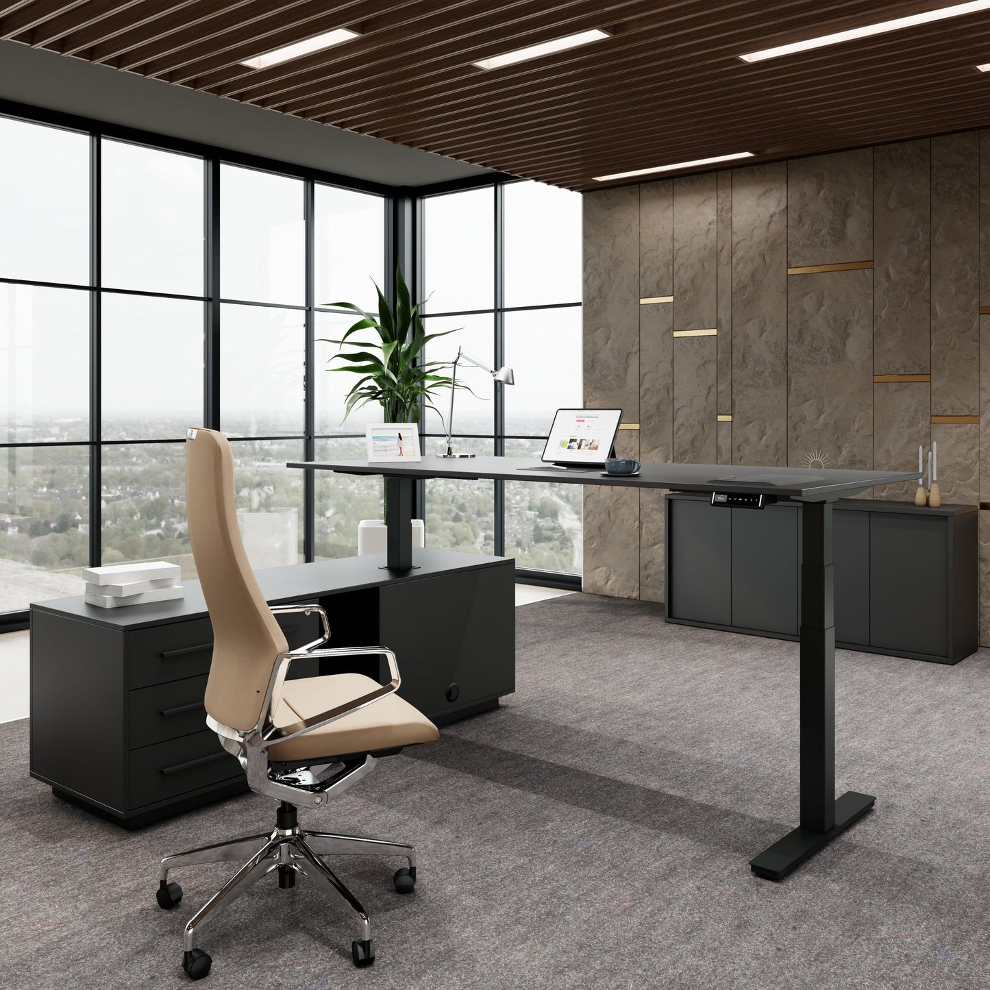 ART Chief desk with sideboard | 2240 x 1800 mm, electrically height adjustable, dark gray
