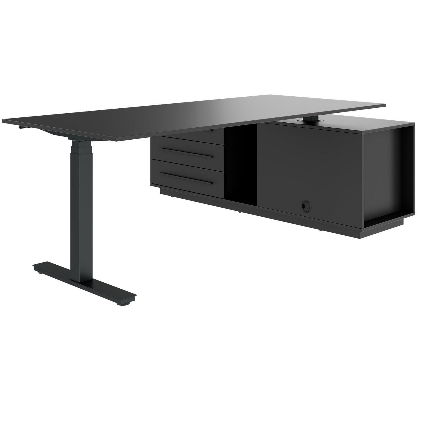 ART Chief desk with sideboard | 2240 x 1800 mm, electrically height adjustable, dark gray