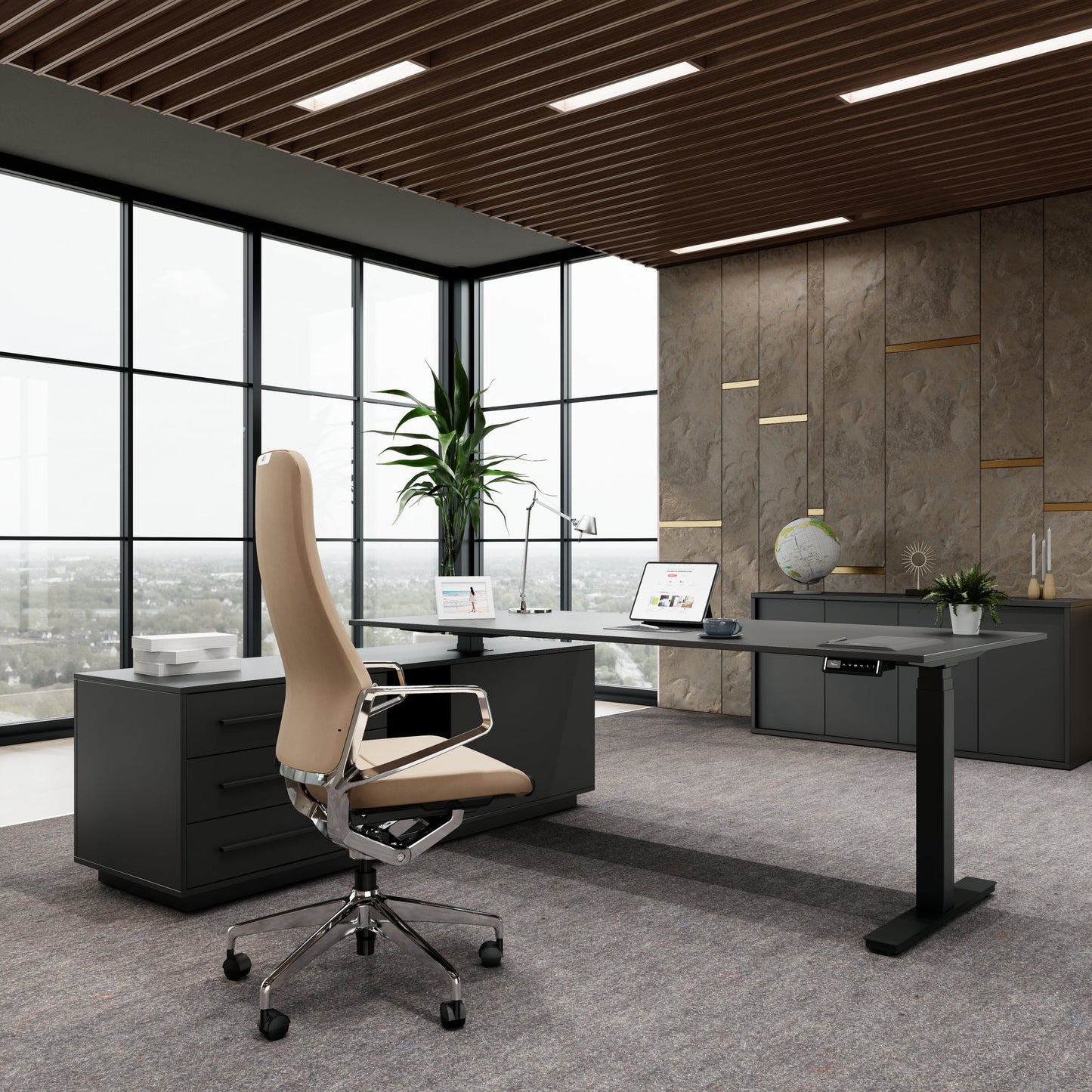 ART Chief desk with sideboard | 2240 x 1800 mm, electrically height adjustable, dark gray