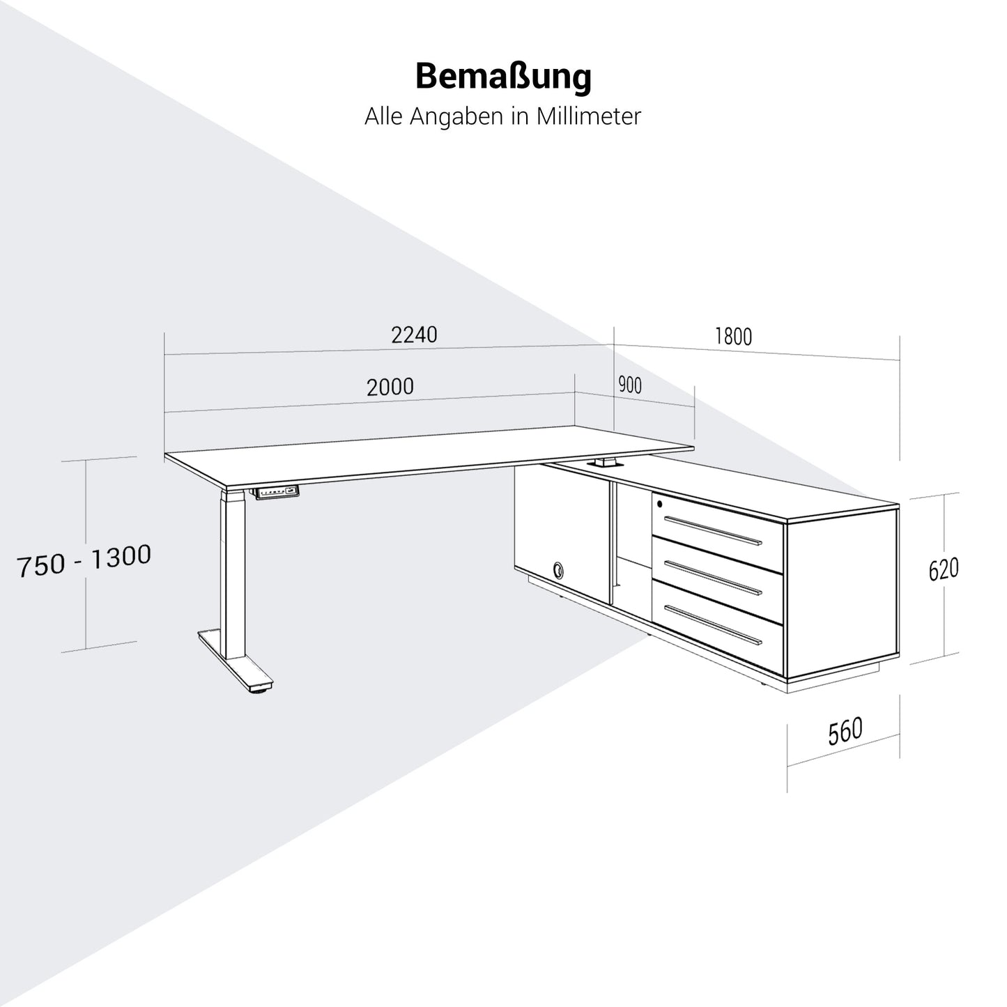 ART Chef-Schreibtisch mit Sideboard | 2240 x 1800 mm, elektrisch höhenverstellbar, Wildeiche