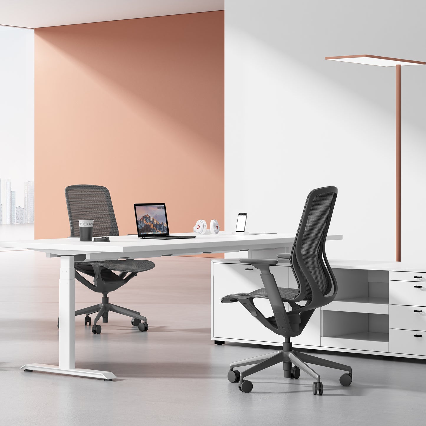 BLOOM Bürodrehstuhl | 3D-Armlehnen, Kopfstütze, Grau