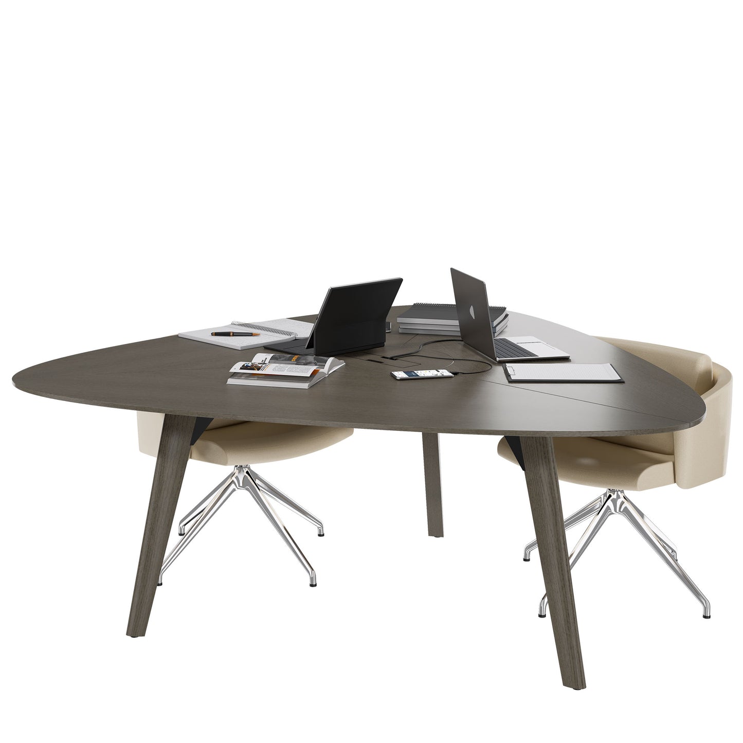 BRALCO RAIL meeting table | Triangular, 1794 x 1716 mm (6 people), real wood, dark gray oak