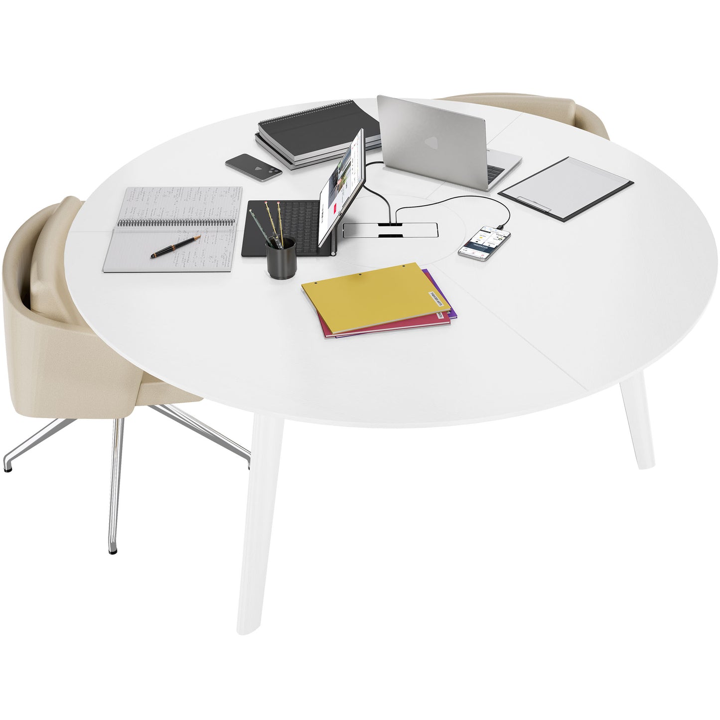 BRALCO RAIL Meeting table | Round, 1200 - 1600 mm (4 - 6 persons), real wood, white oak