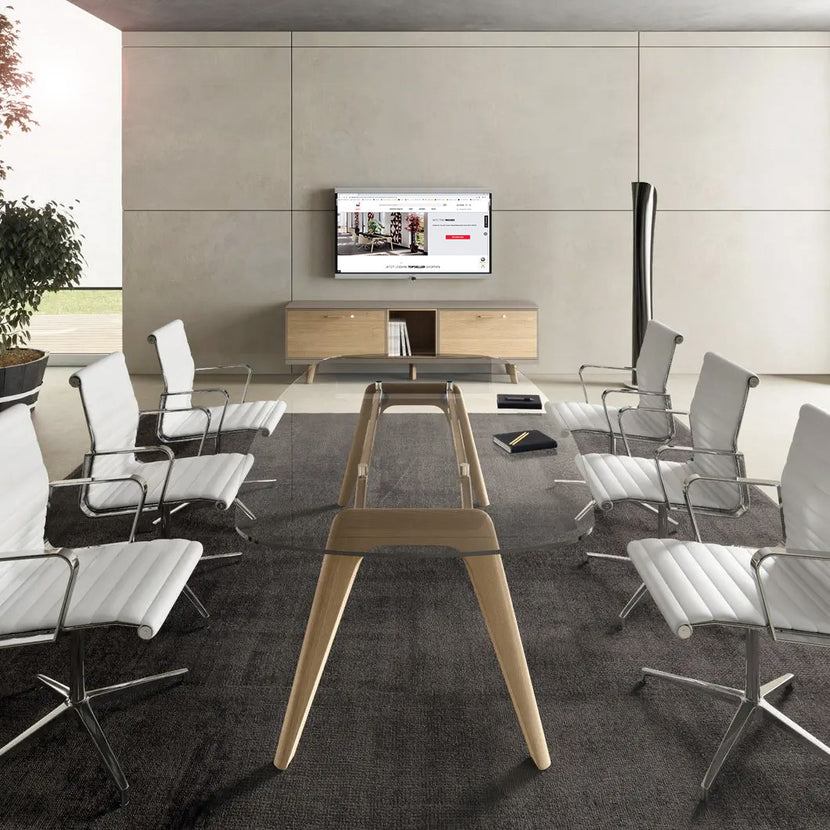 BRALCO RAIL meeting table | Boat shape, 2400 x 1200 x 750 mm (8 people) | gray tinted glass table top