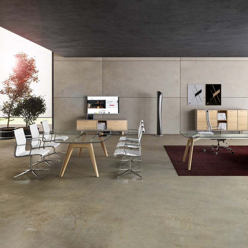 BRALCO RAIL meeting table | Boat shape, 2400 x 1200 x 750 mm (8 people) | gray tinted glass table top