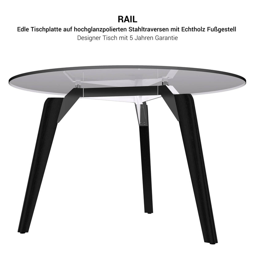 Bralco RAIL Tableau de réunion | Round, 1200-1600 mm (4-6 personnes), plaque de table en verre, chêne en bois massif
