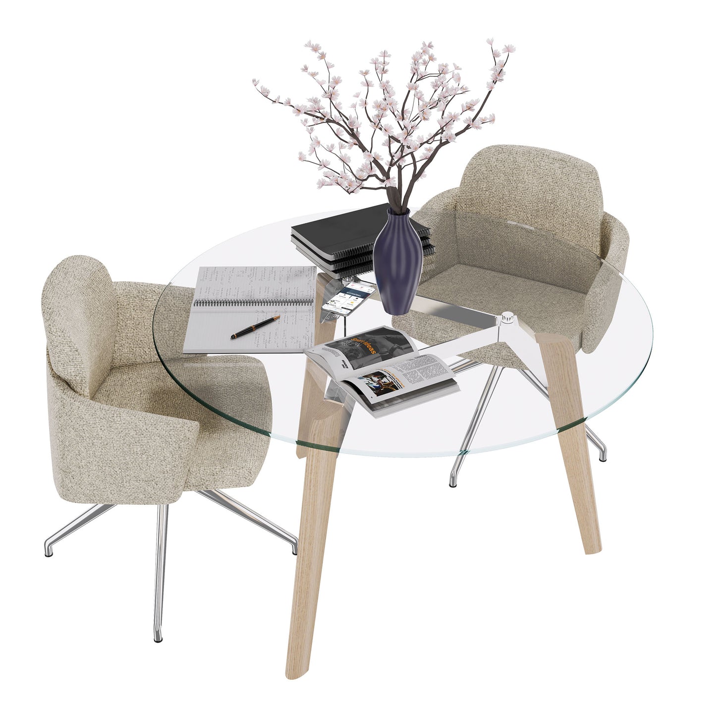 BRALCO RAIL meeting table | Round, 1200 - 1600 mm (4 - 6 people), gray tinted glass table top, solid oak wood frame