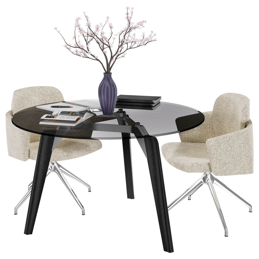 BRALCO RAIL meeting table | Round, 1200 - 1600 mm (4 - 6 people), gray tinted glass table top, solid oak wood frame