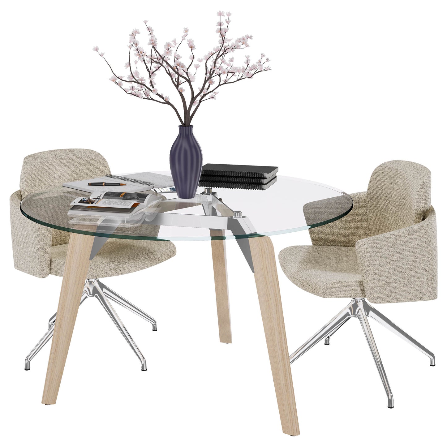 BRALCO RAIL meeting table | Round, 1200 - 1600 mm (4 - 6 people), gray tinted glass table top, solid oak wood frame