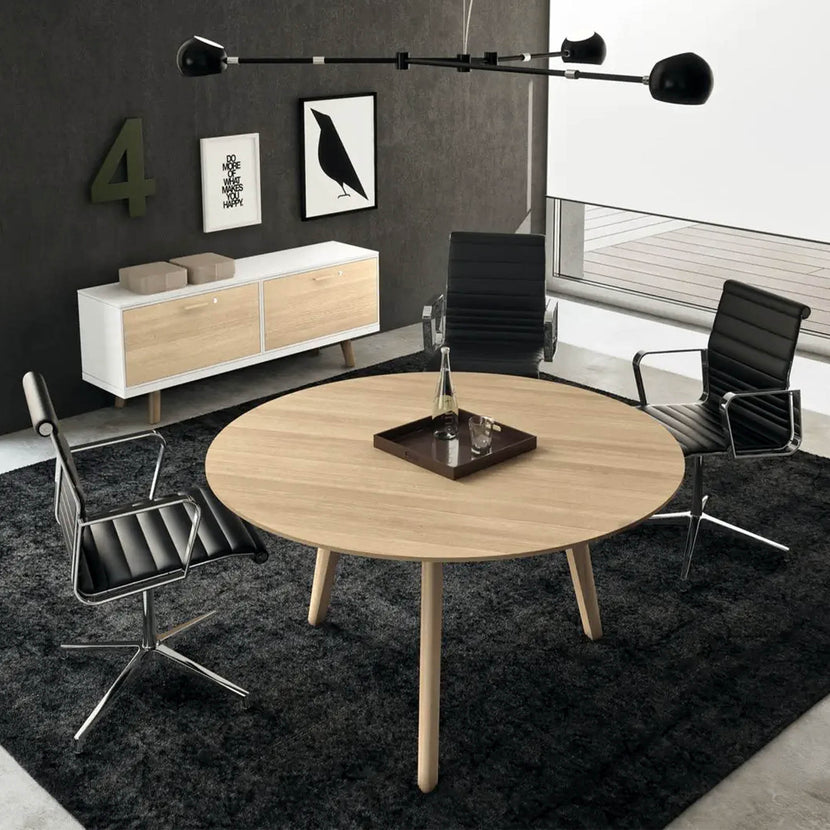 BRALCO RAIL meeting table | Round, 1200 - 1600 mm (4 - 6 people), real wood, light gray oak