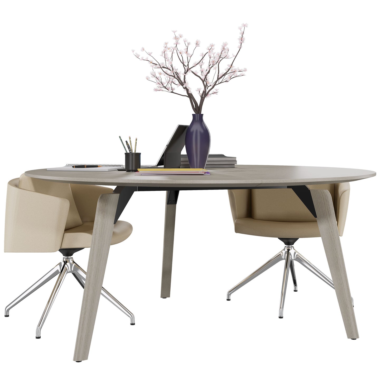 BRALCO RAIL meeting table | Round, 1200 - 1600 mm (4 - 6 people), real wood, light gray oak