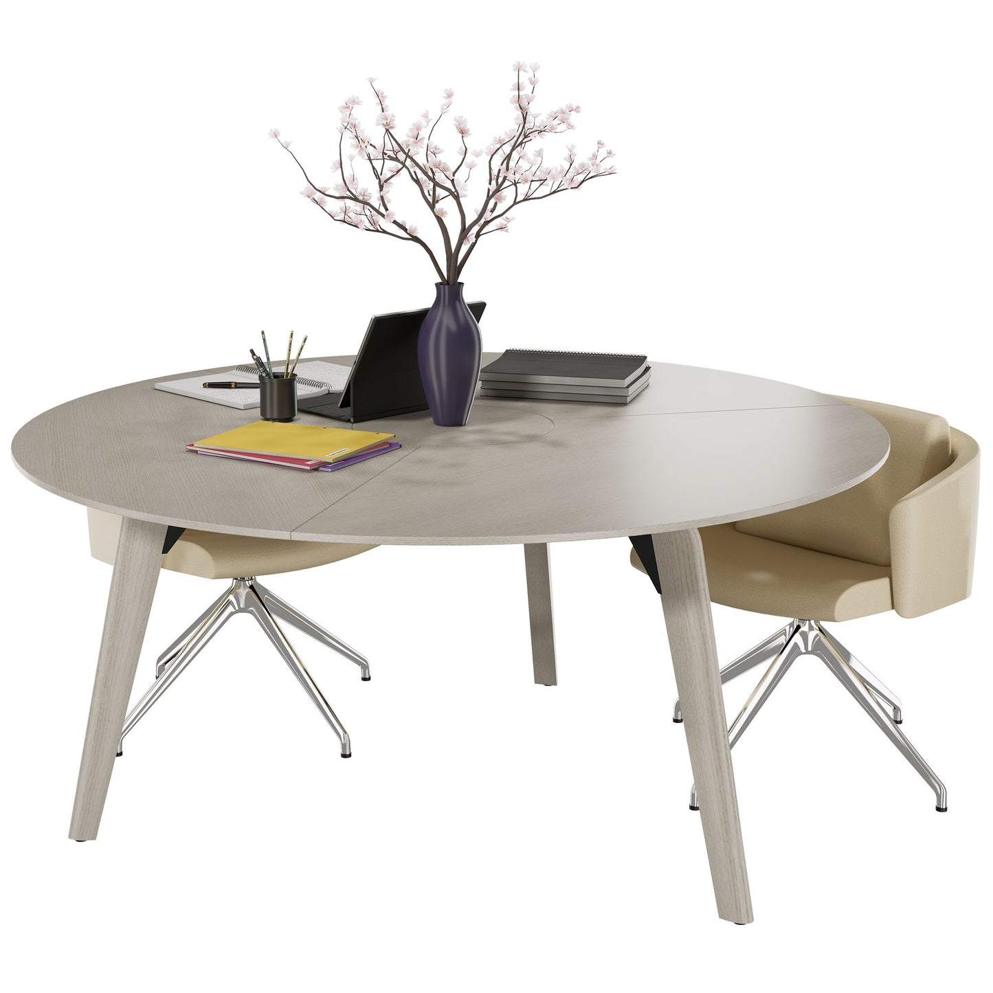 BRALCO RAIL meeting table | Round, 1200 - 1600 mm (4 - 6 people), real wood, light gray oak