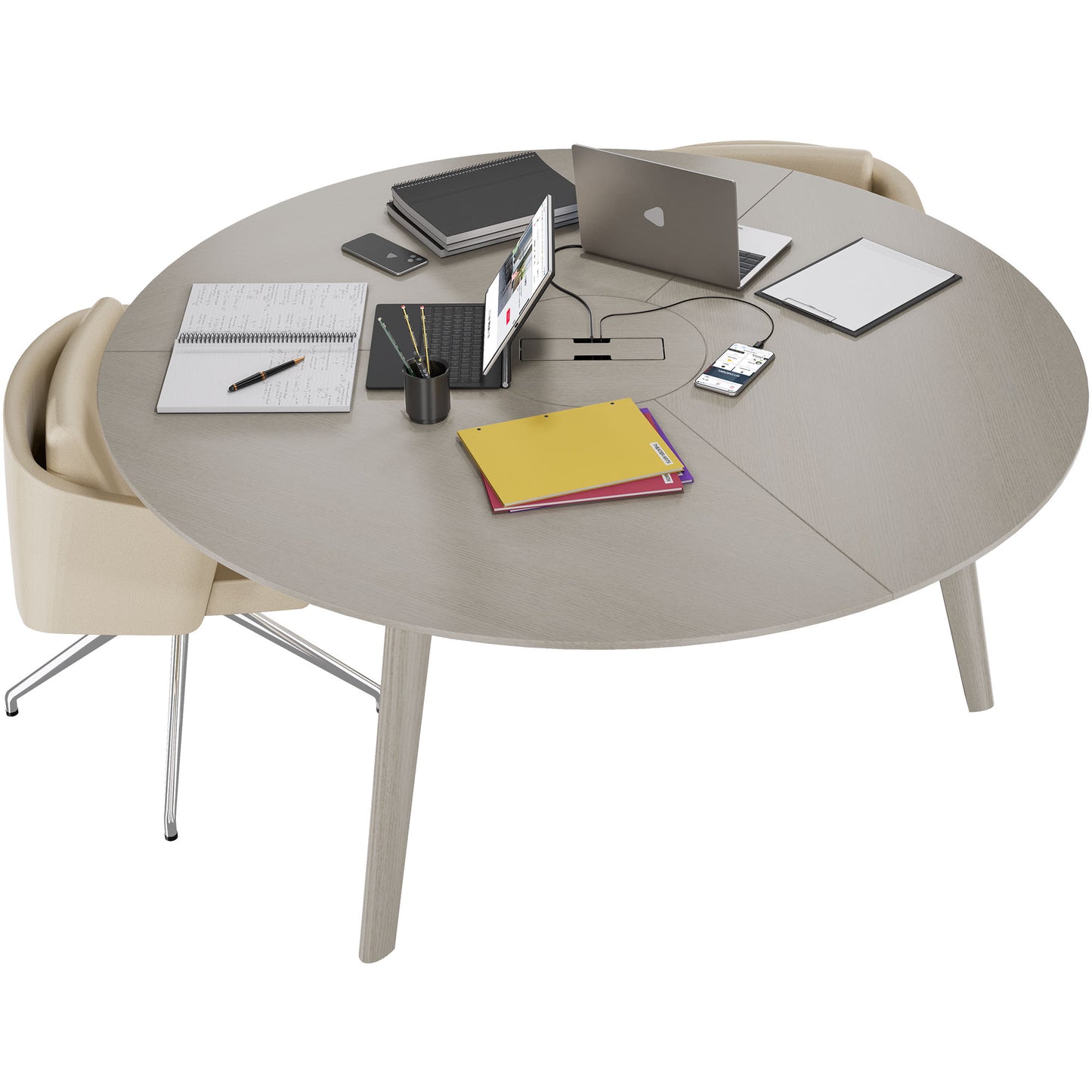 BRALCO RAIL meeting table | Round, 1200 - 1600 mm (4 - 6 people), real wood, light gray oak
