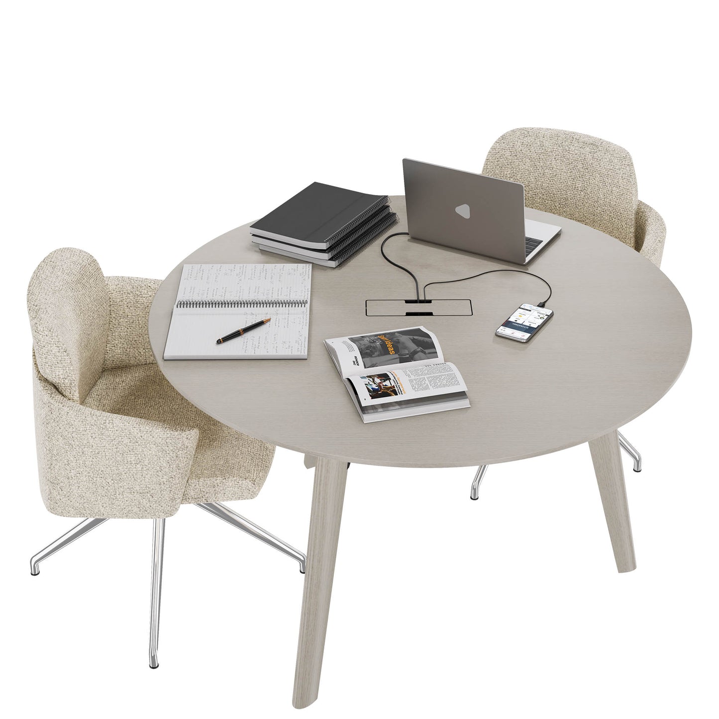 BRALCO RAIL meeting table | Round, 1200 - 1600 mm (4 - 6 people), real wood, light gray oak