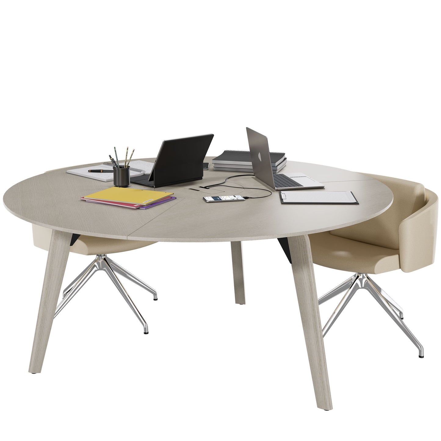BRALCO RAIL meeting table | Round, 1200 - 1600 mm (4 - 6 people), real wood, light gray oak