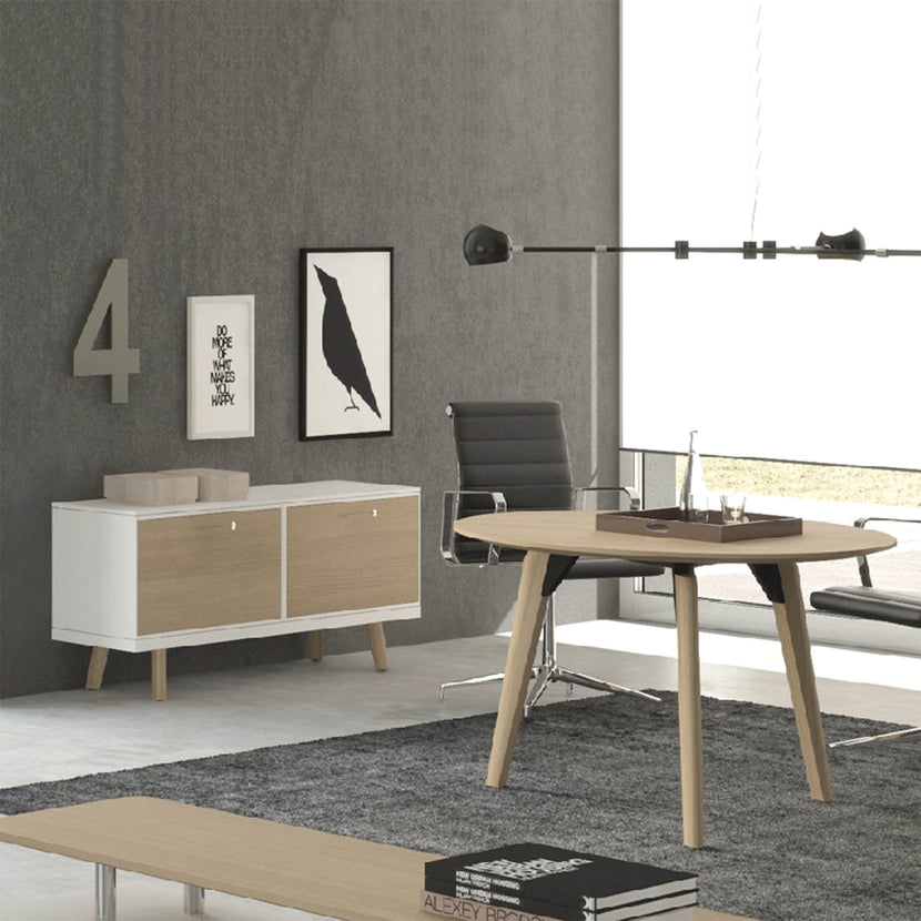 BRALCO RAIL meeting table | Round, 1200 - 1600 mm (4 - 6 people), real wood, light gray oak