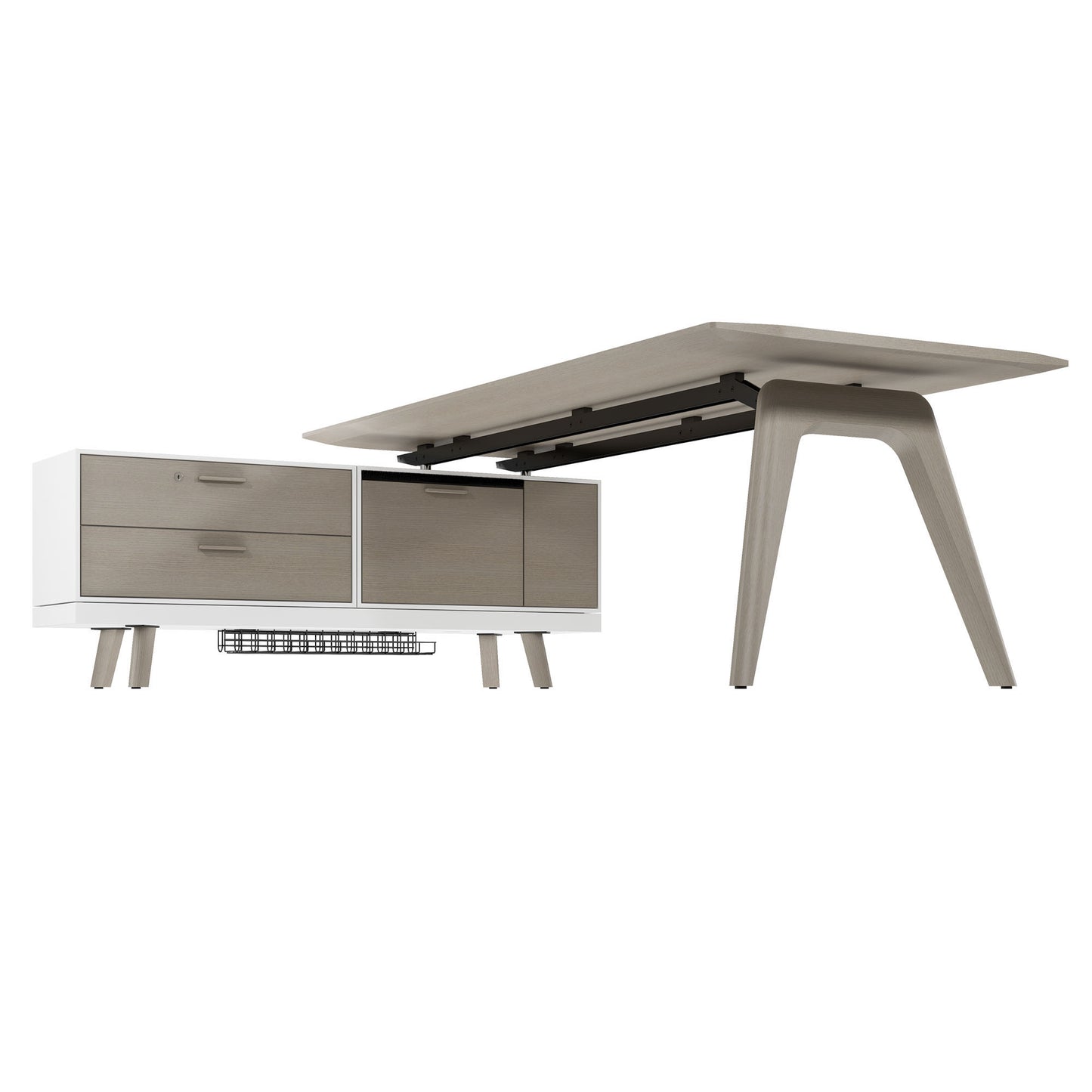 Bralco RAIL Bureau | 1800 - 2400 mm, basboard intégré, bois réel, gris clair en chêne