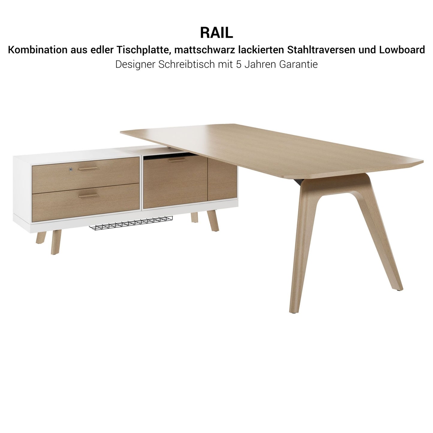 BRALCO RAIL desk | 1800 - 2400 mm, integrated lowboard, real wood, carbon oak