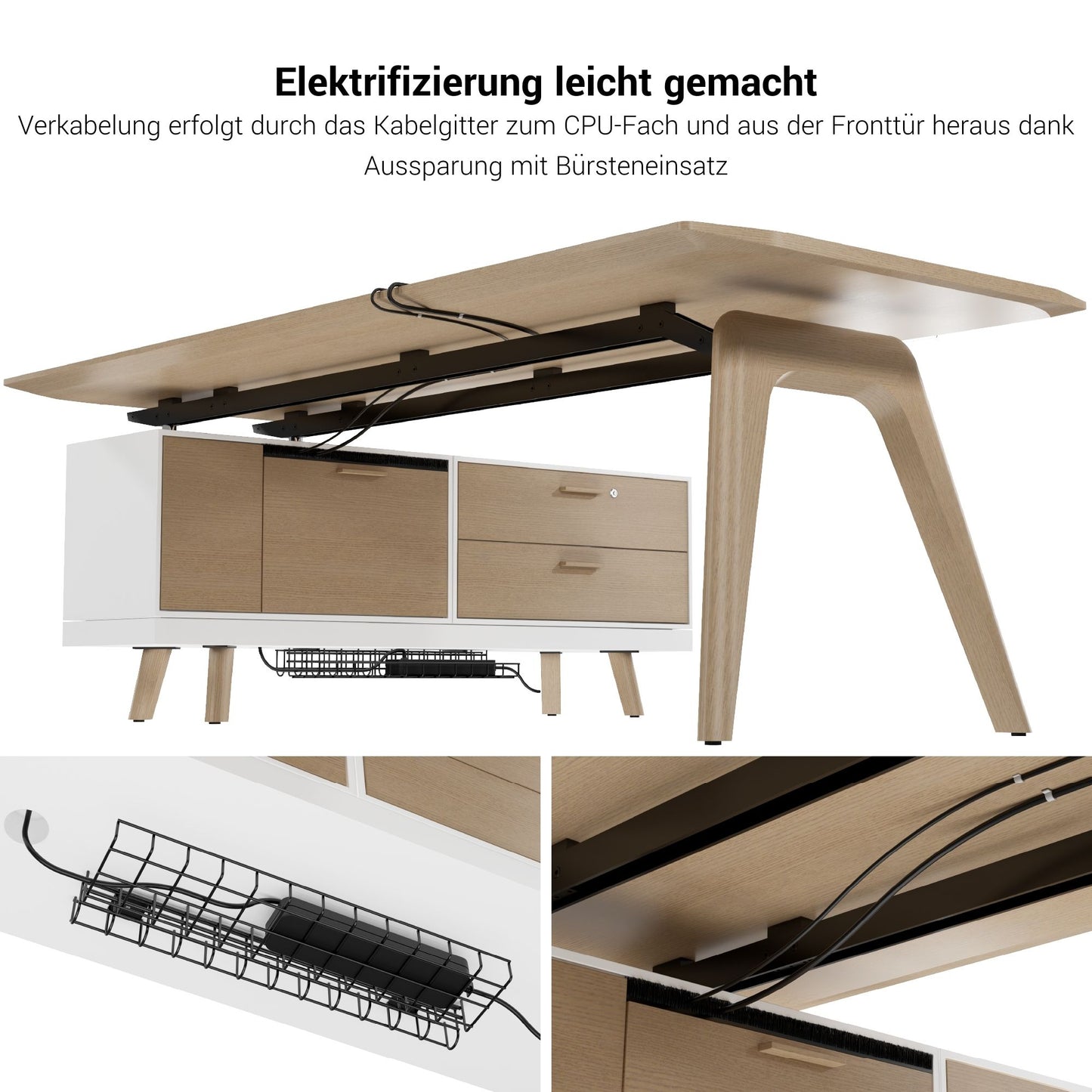 BRALCO RAIL desk | 1800 - 2400 mm, integrated lowboard, real wood, carbon oak