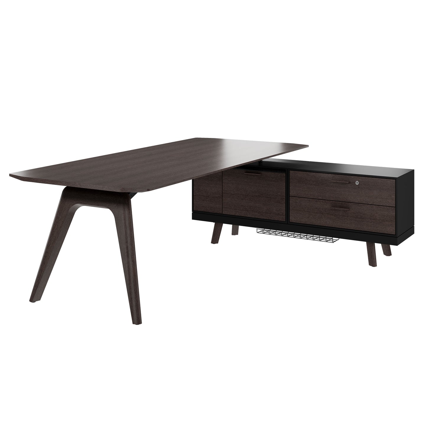 BRALCO RAIL desk | 1800 - 2400 mm, integrated lowboard, real wood, carbon oak