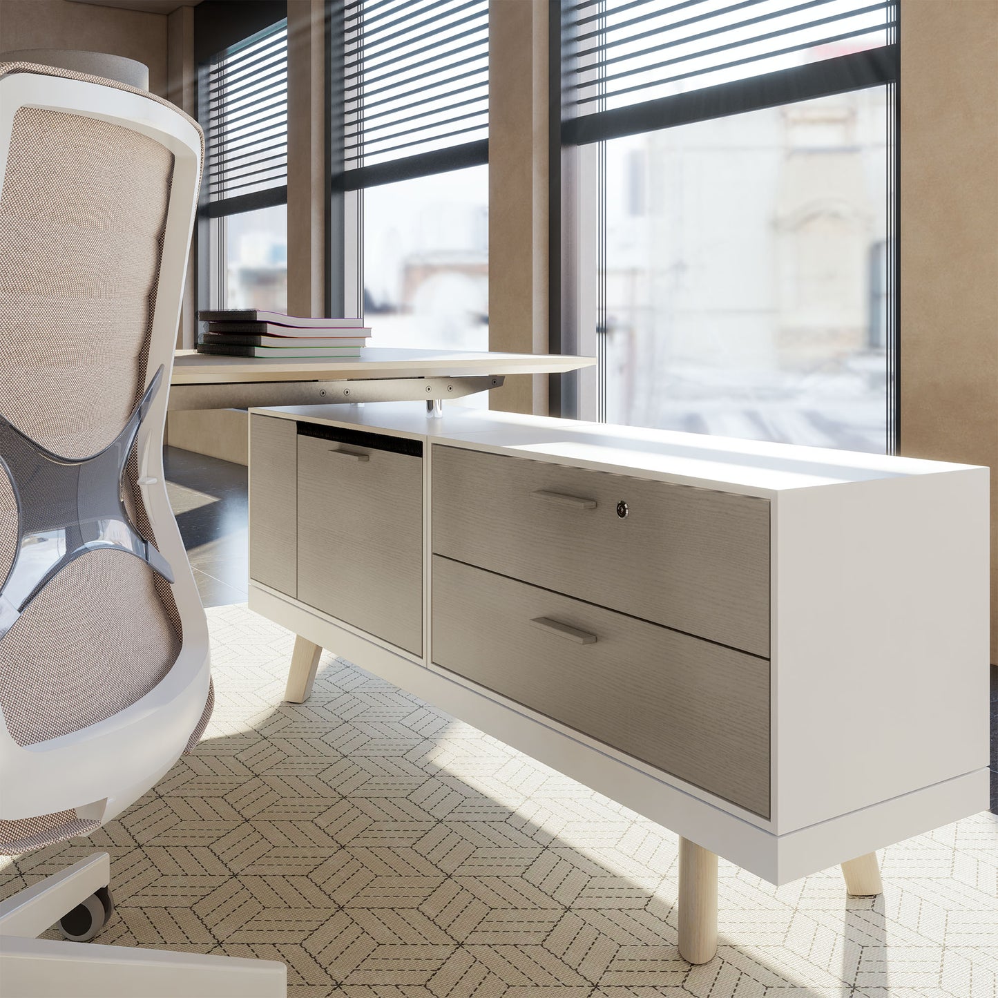 BRALCO RAIL Desk | 1800 - 2400 mm, integrated lowboard, real wood, white oak