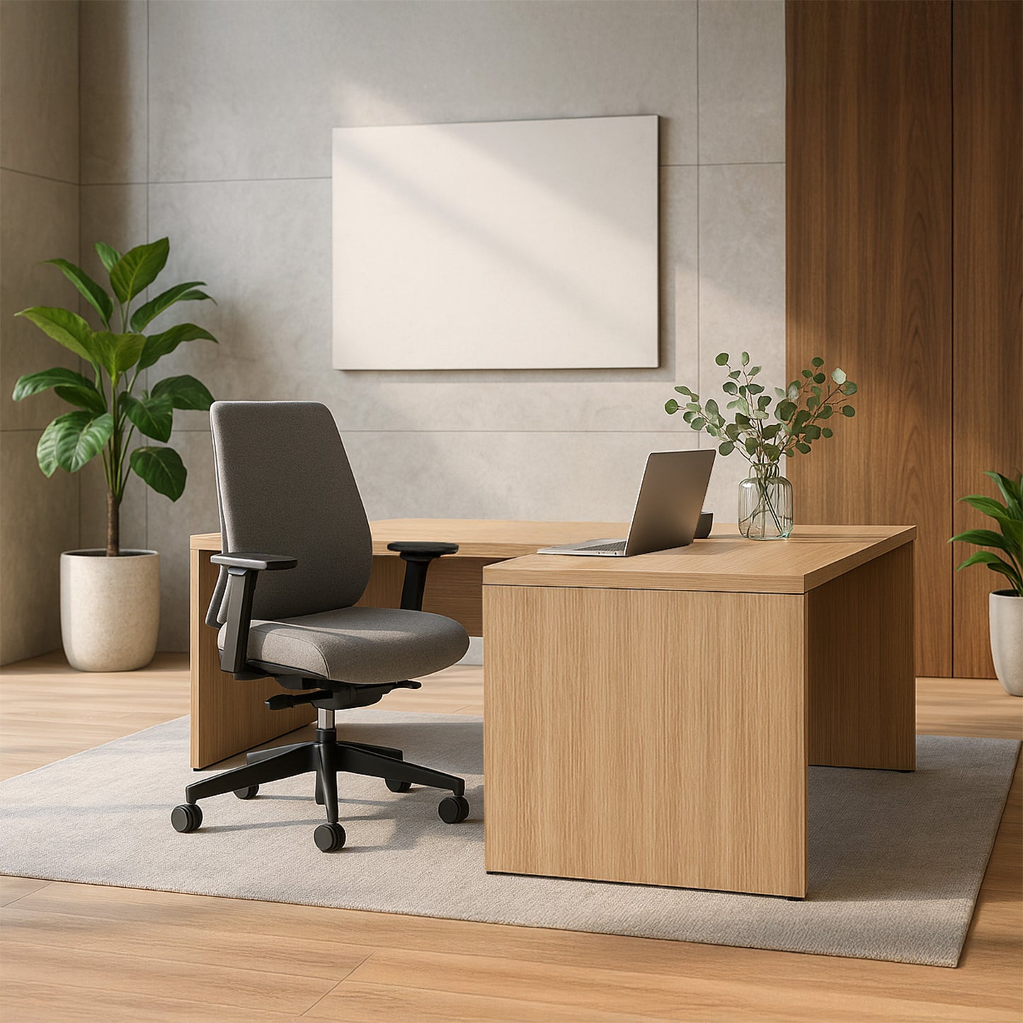BRALCO SILE desk with extension table | 1800 - 2000 mm, angle desk, cable duct, side frame, oak