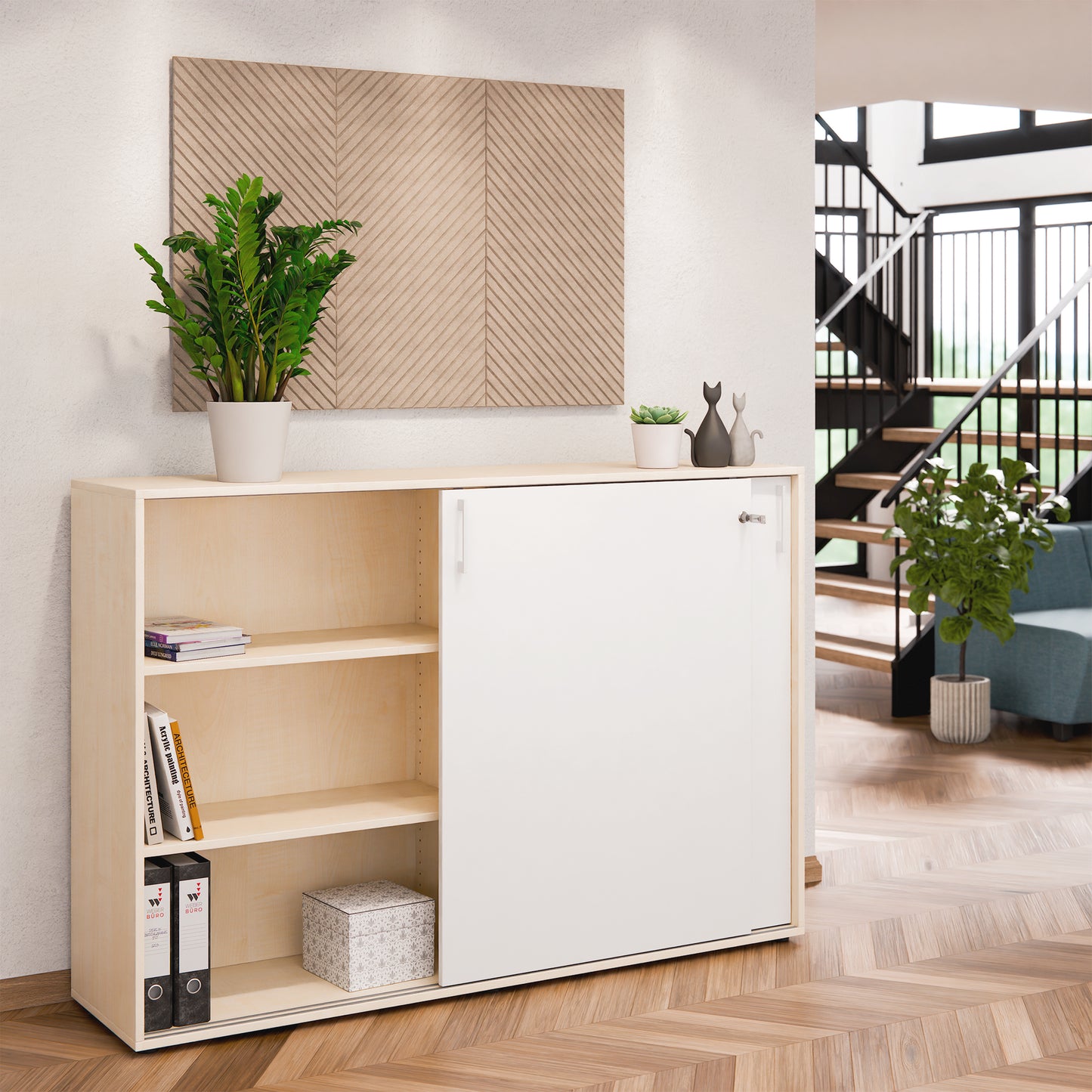 Armoire à portes coulissantes CHOICE | 3 OH, 1600 x 1095 mm, érable / blanc