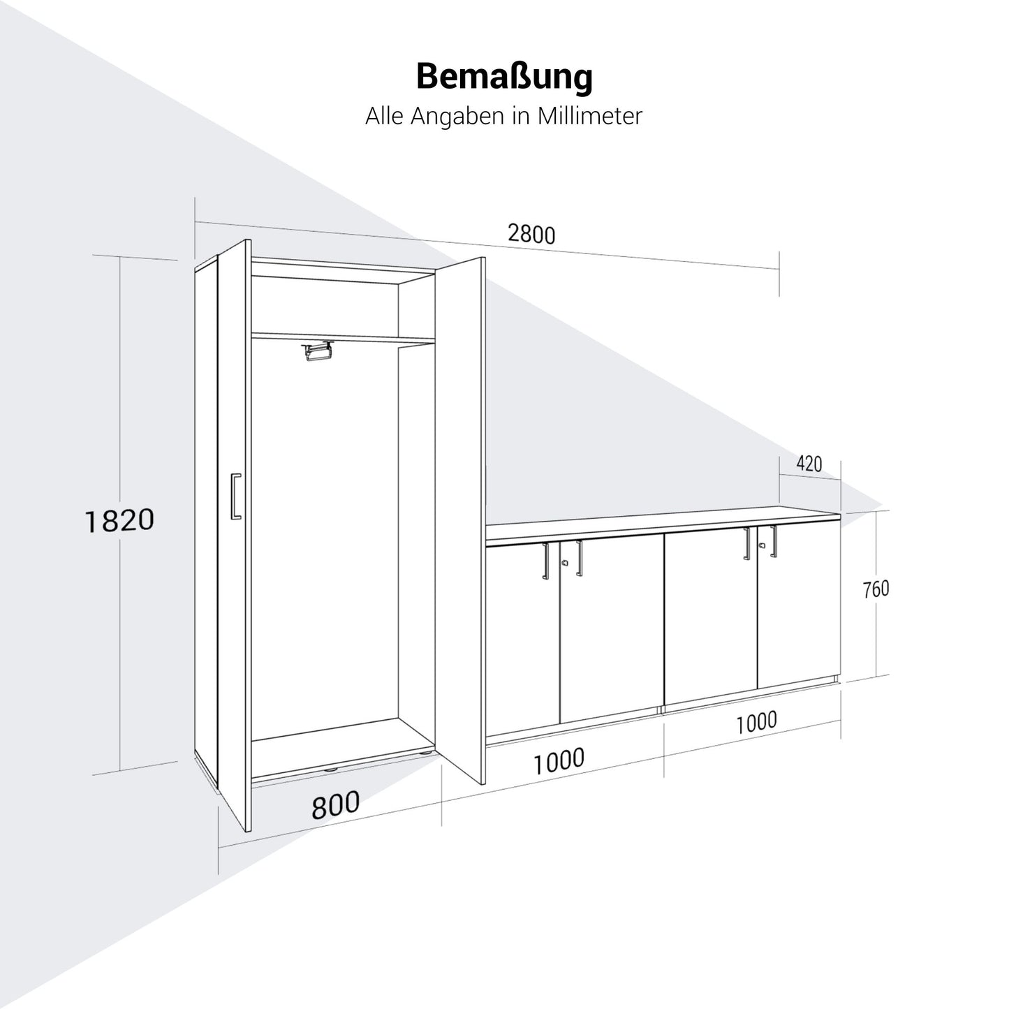 CHOICE Schrankwand | 5OH, 2800 x 1780 mm, Weiss