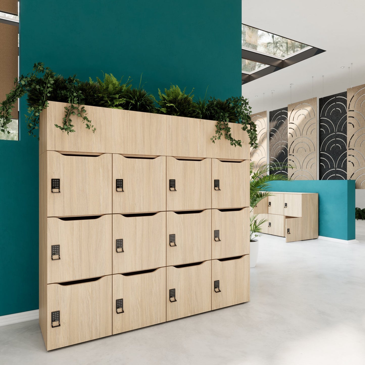 CHOICE Spind | 1800 x 1704 mm, 12 Schließfächer, Blumenkästen, Bernsteineiche