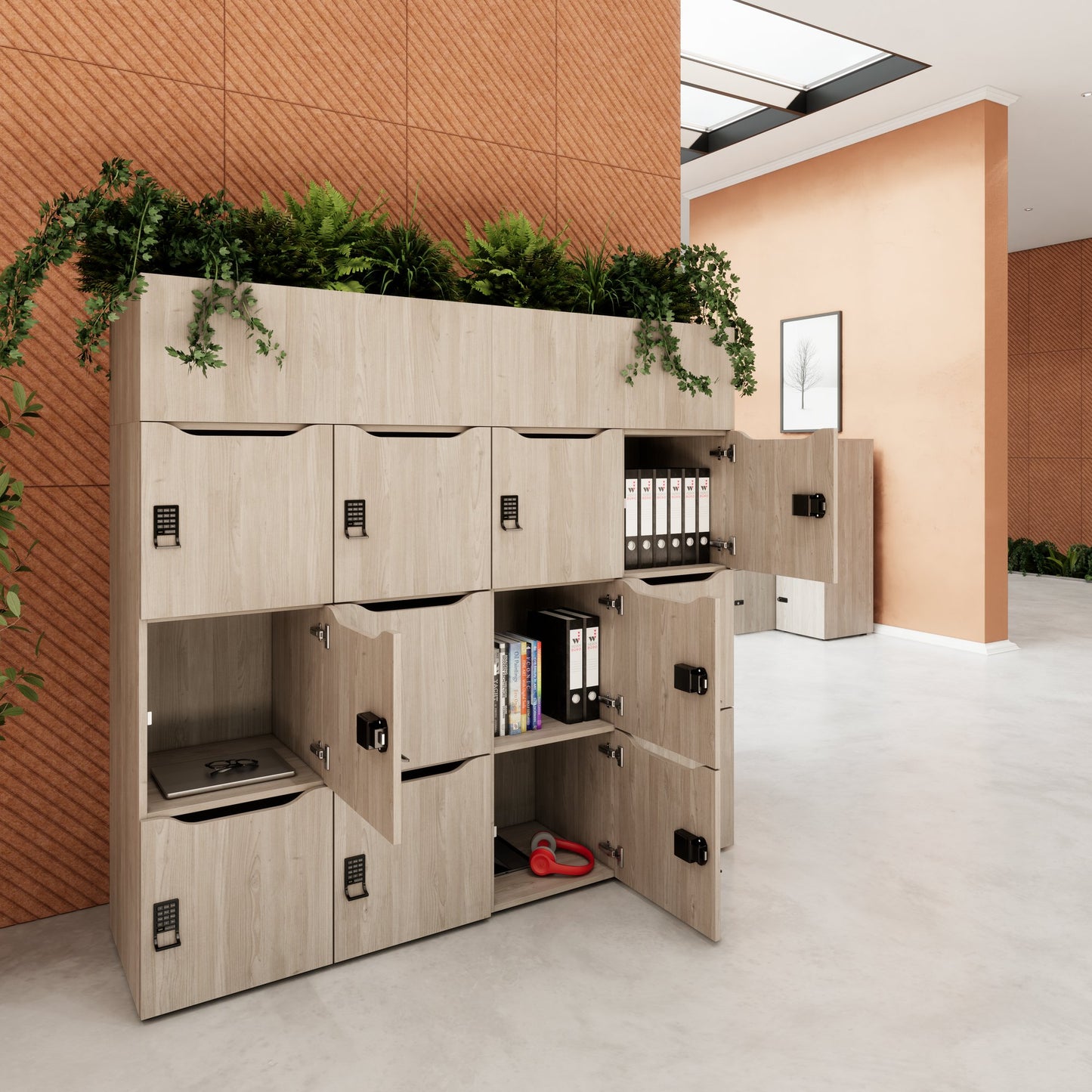 CHOICE Spind | 1800 x 1704 mm, 12 Schliessfächer, Blumenkästen, Nordeiche grau