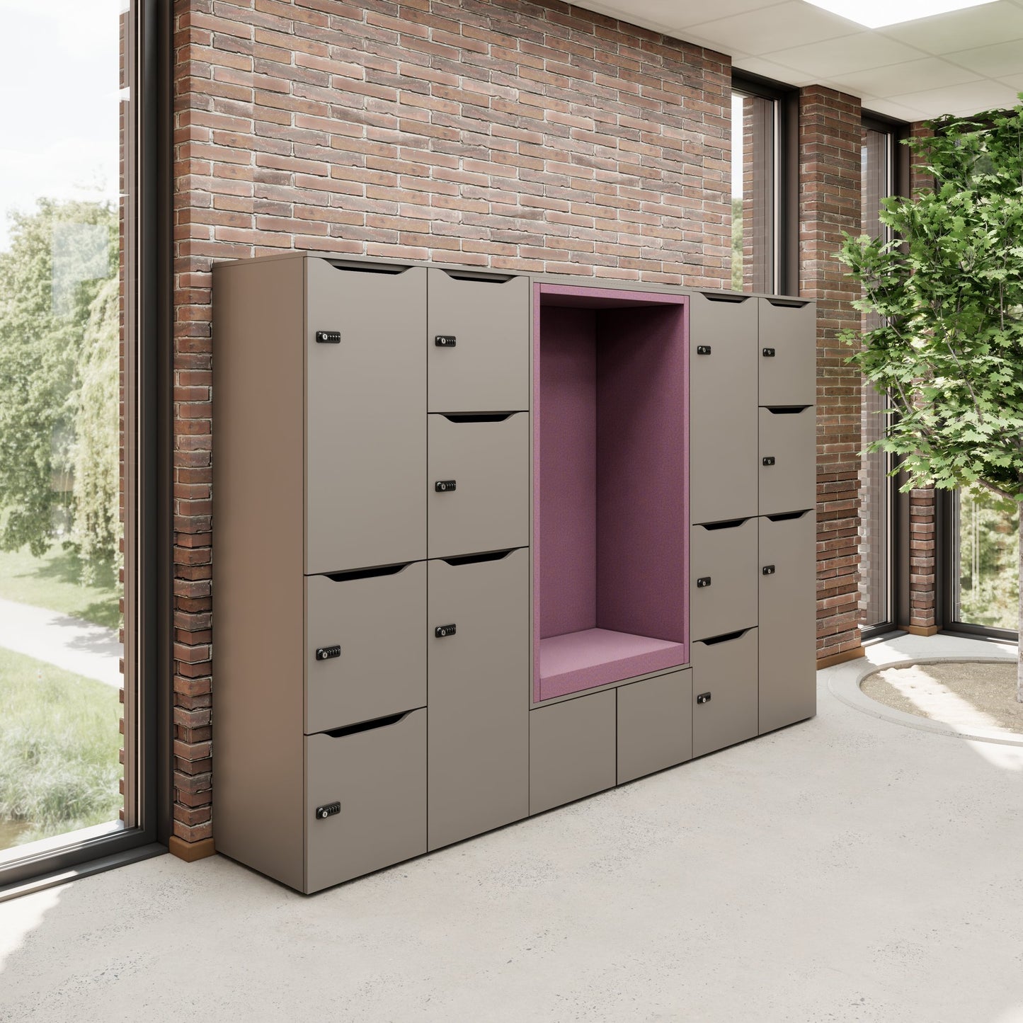 CHOICE Spind | 2706 x 1836 mm, 12 Schließfächer, Sitznische, Nordeiche grau