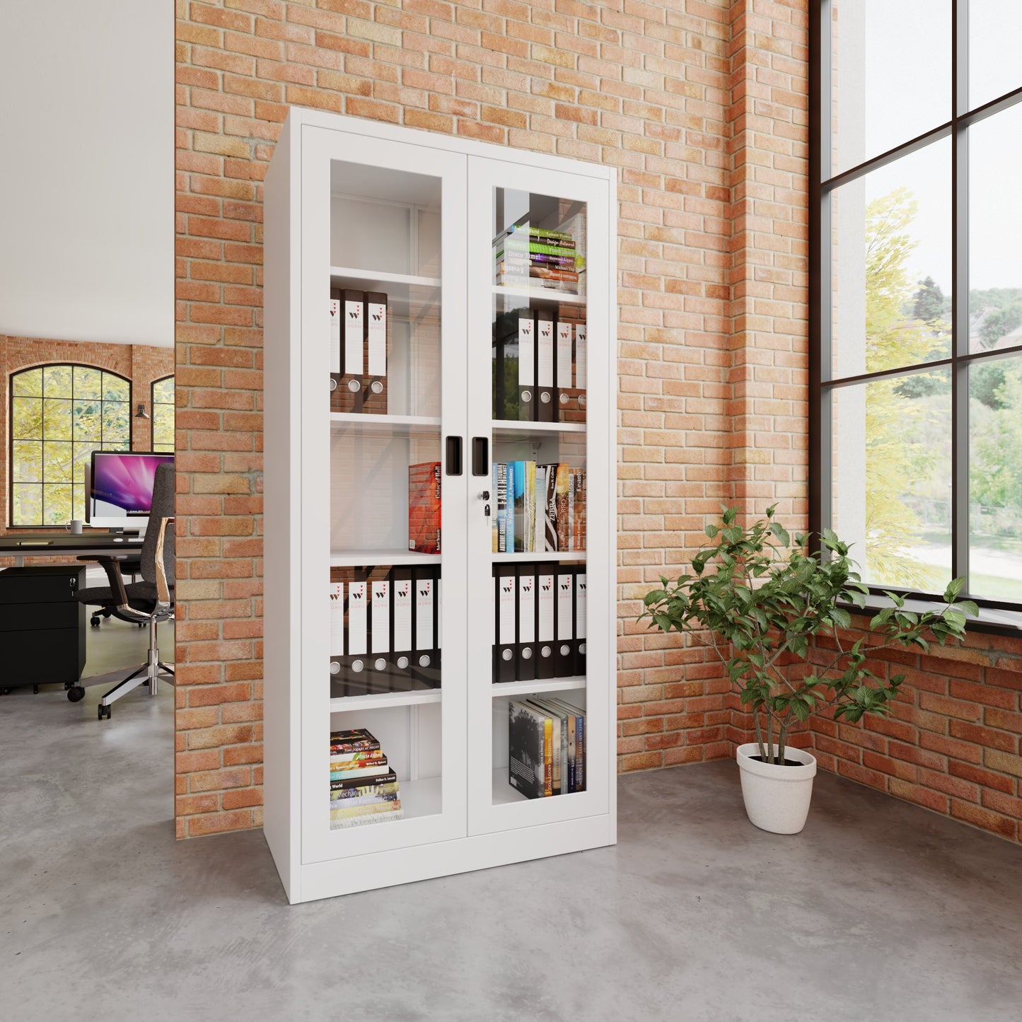 COREX Vitrinenschrank | 5OH, 900 x 1850 mm, Stahlkorpus, Weiss