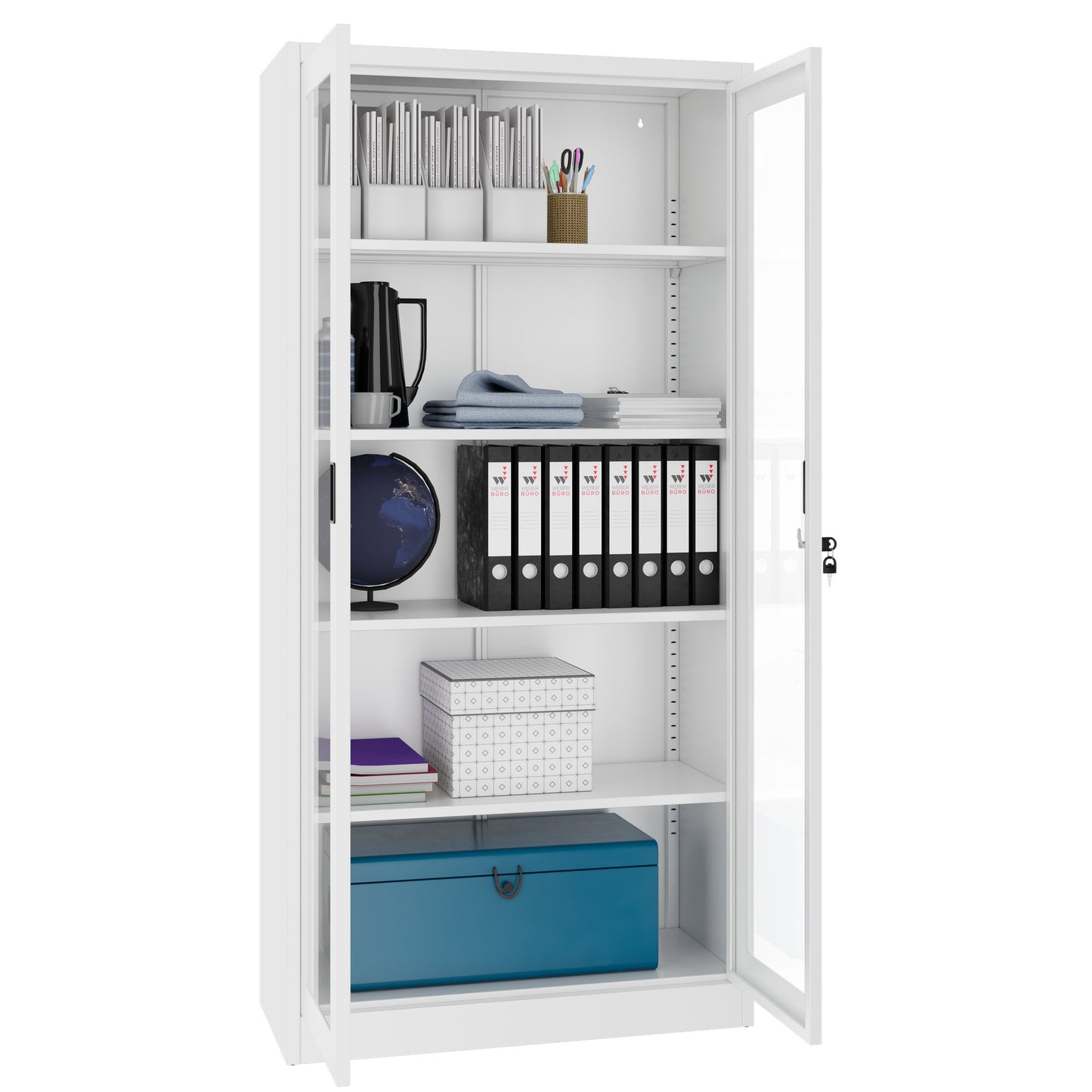 COREX Vitrinenschrank | 5OH, 900 x 1850 mm, Stahlkorpus, Weiss