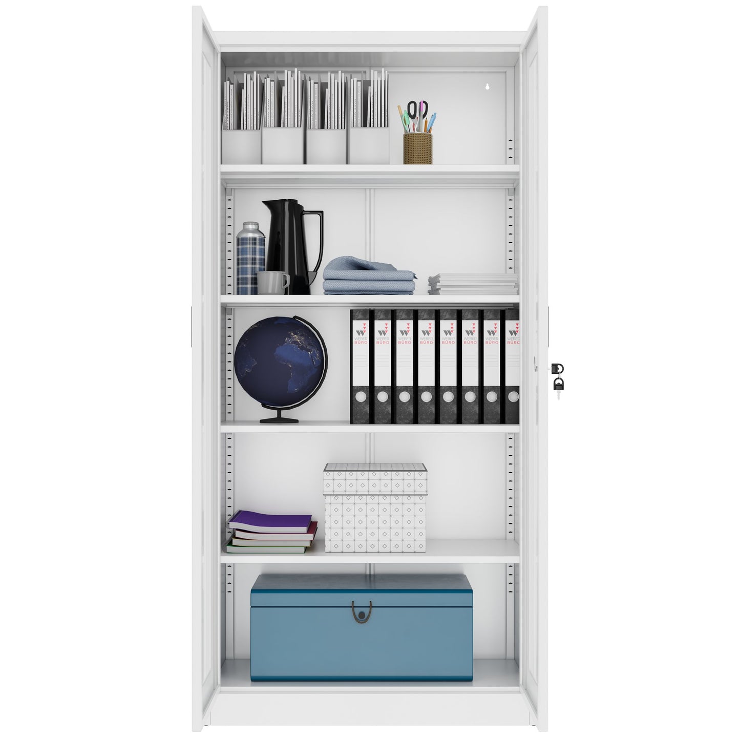 COREX Vitrinenschrank | 5OH, 900 x 1850 mm, Stahlkorpus, Weiss