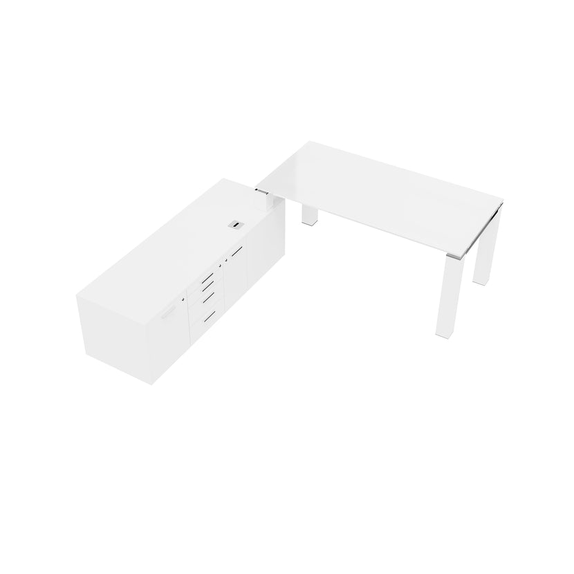 BRALCO JET EVO Executive desk | Glass tabletop, integrated lowboard, white