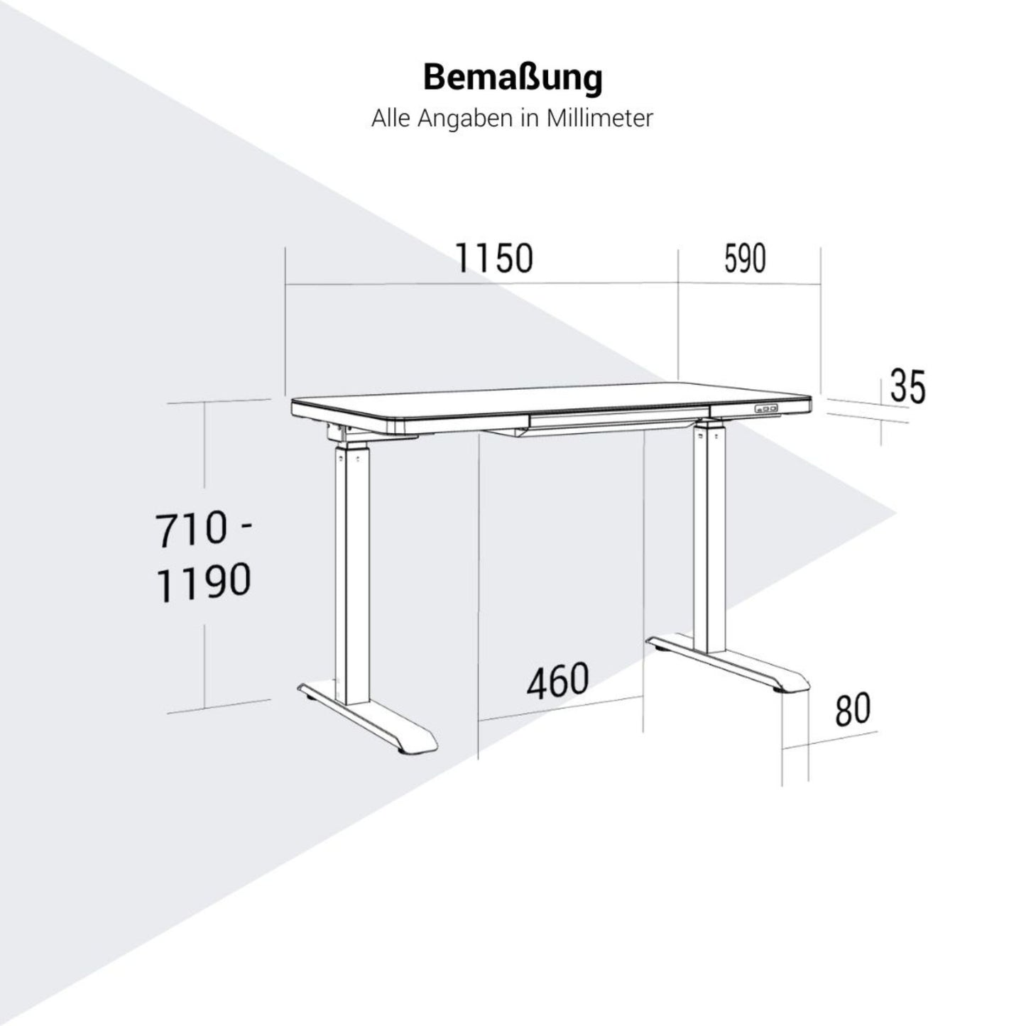 Bureau de station | 1150 x 590 mm, réglable à hauteur électrique, chargeur inductif, plaque de table en verre, noir