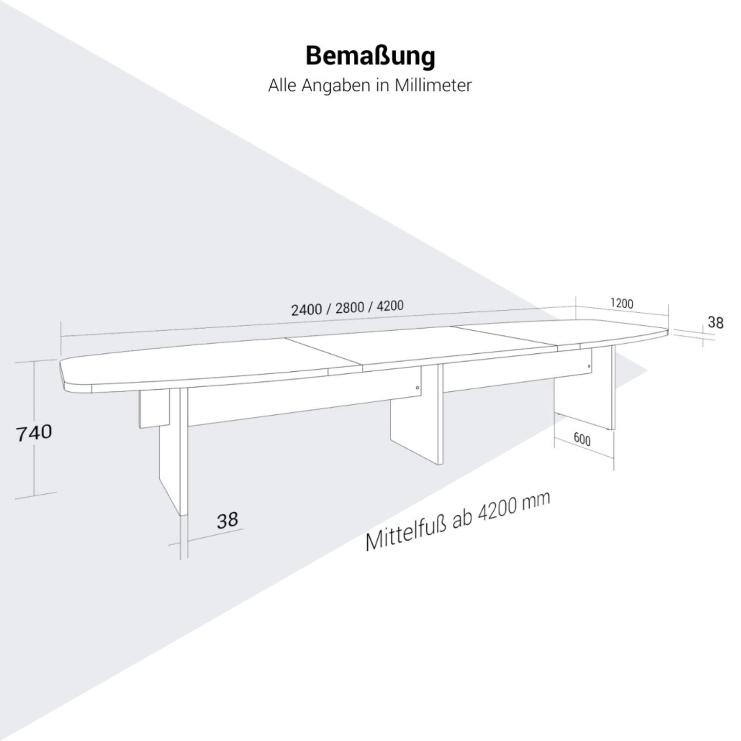 BRALCO SILE Konferenztisch | Bootsform, 2400 - 4200 mm (6 - 16 Personen), Kabelschacht optional, Schwarz