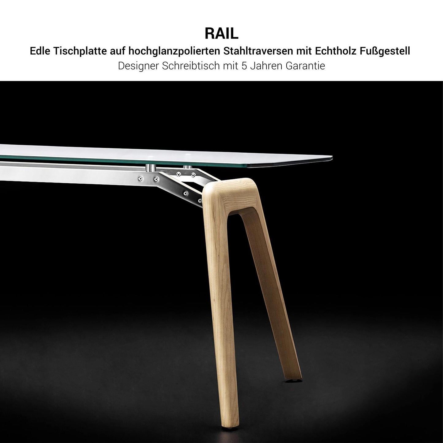 BRALCO RAIL Schreibtisch | 1800 - 2400 mm | Grau getönte Glas-Tischplatte, Eiche-Massivholz-Gestell