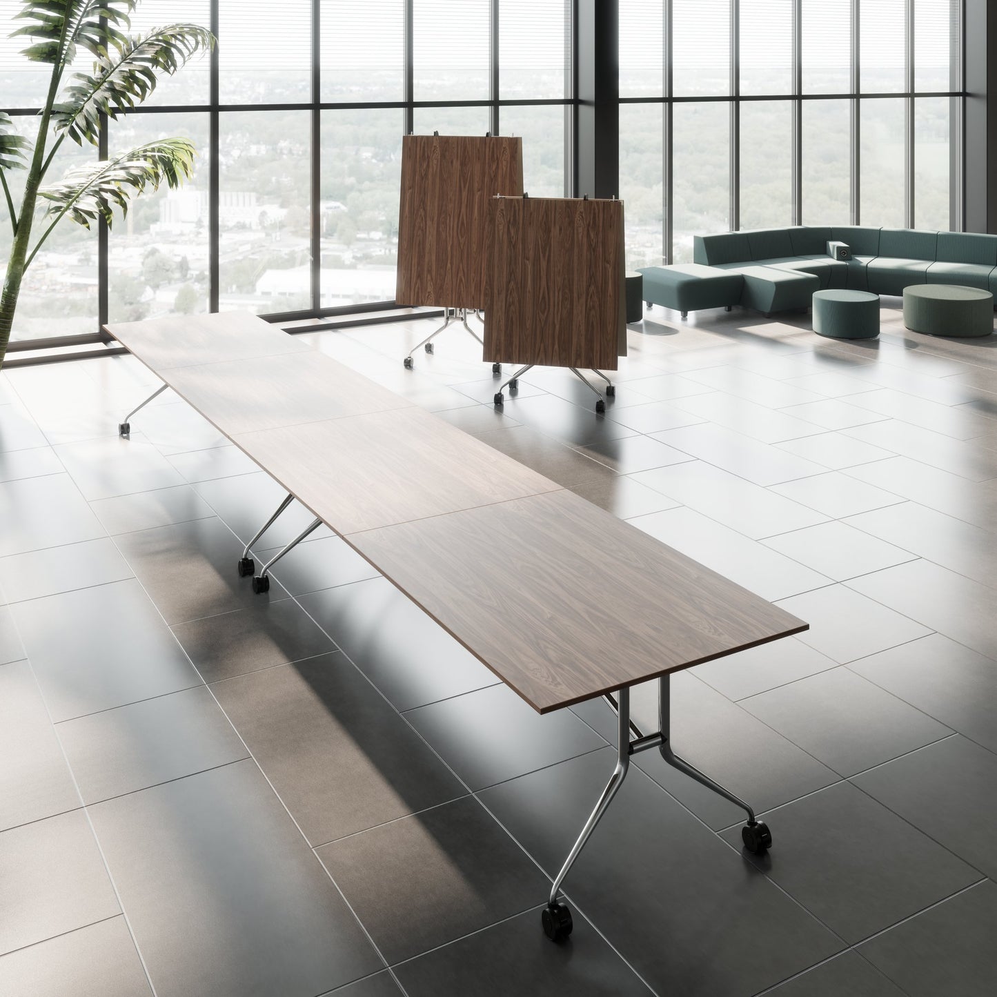 MARA - ARGO LIBRO Klapptisch | 2400 - 2800 x 1000 mm (8 - 10 Personen), rollbar, faltbar, Echtholz-Furnier Nussbaum