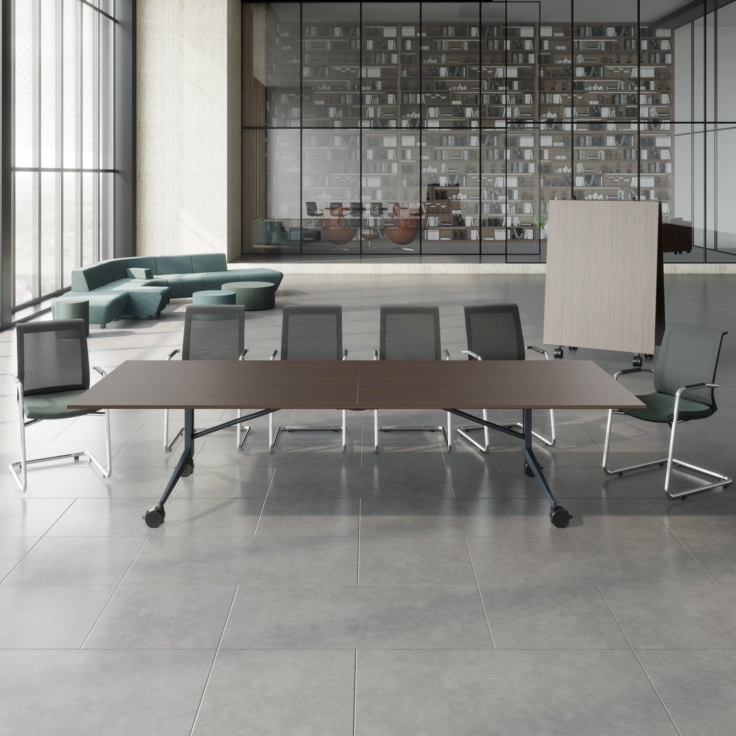 MARA - TIMMY LIBRO Table de conférence | 3200 x 1200 mm (10 à 14 personnes), roulante, pliable, noyer