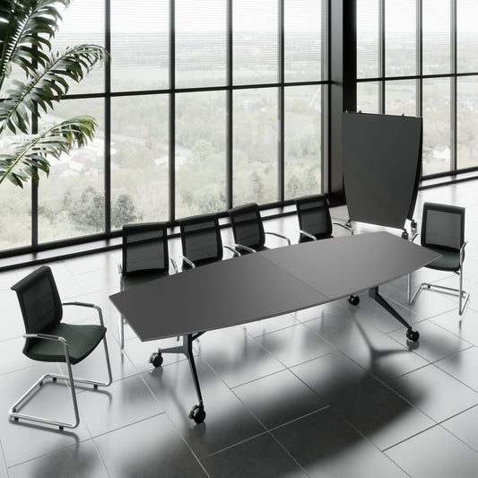 MARA - TIMMY LIBRO Table de conférence | forme bateau, 3200 x 1200 mm (10 à 14 personnes), roulante, pliable, anthracite
