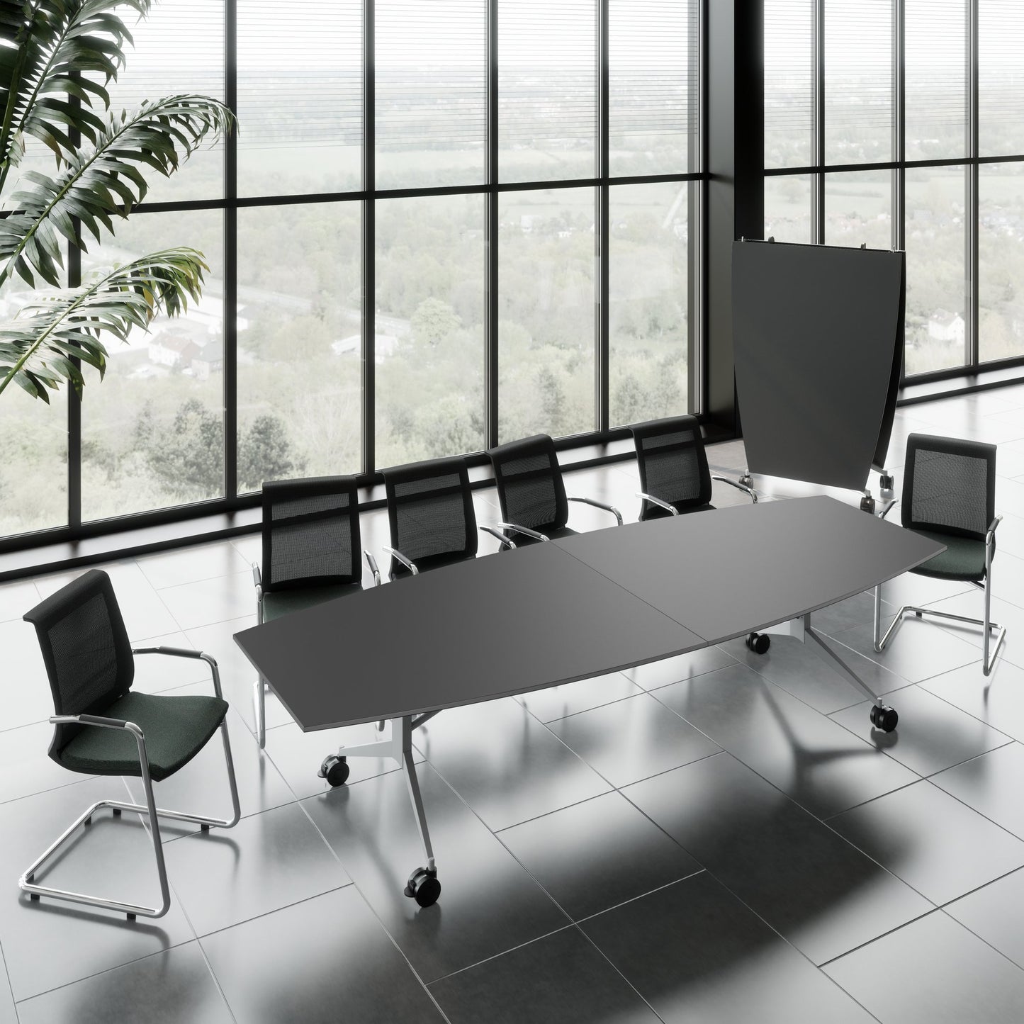 MARA - TIMMY LIBRO Konferenztisch | Bootsform, 3200 x 1200 mm (10 - 14 Personen), rollbar, faltbar, Anthrazit