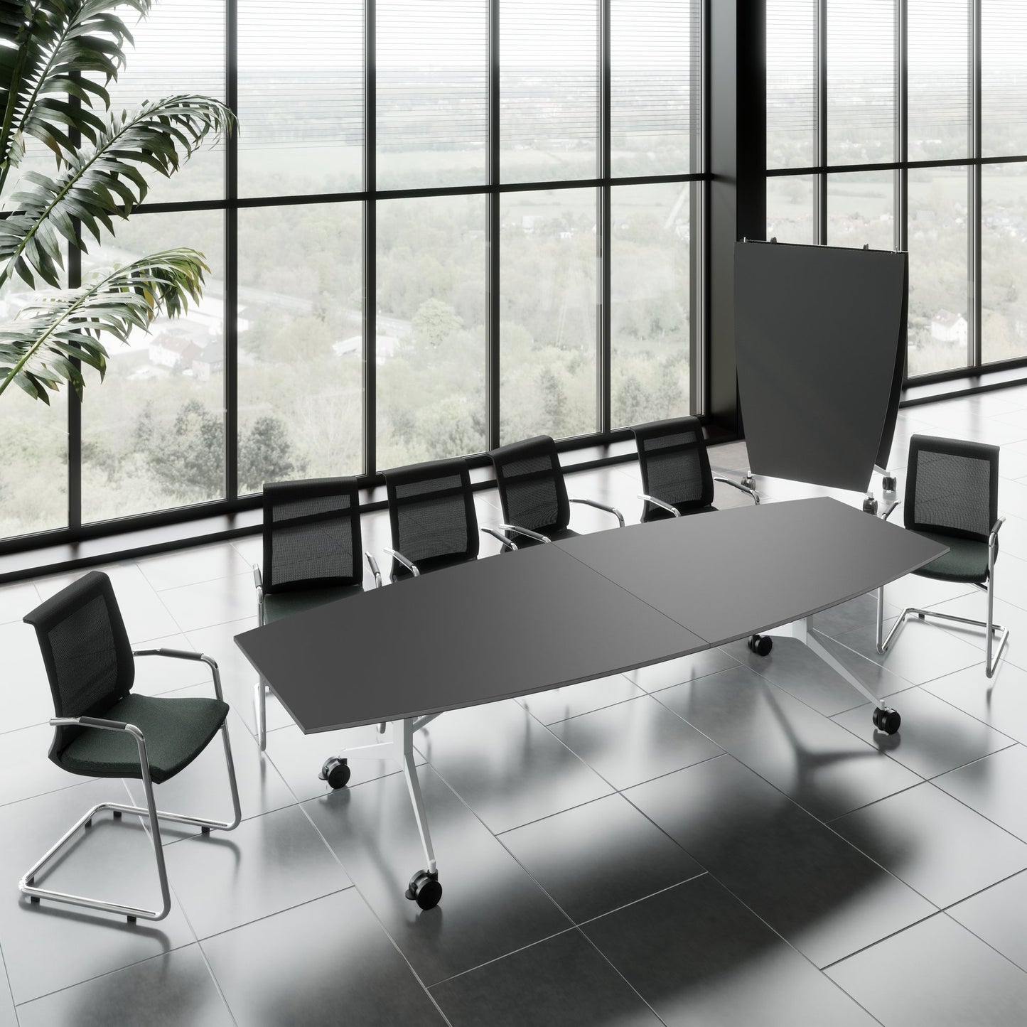 MARA - TIMMY LIBRO Konferenztisch | Bootsform, 3200 x 1200 mm (10 - 14 Personen), rollbar, faltbar, Anthrazit