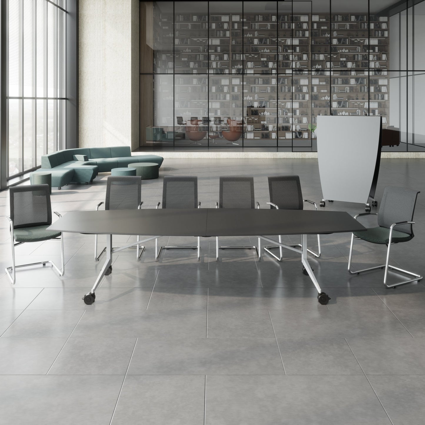MARA - TIMMY LIBRO Konferenztisch | Bootsform, 3200 x 1200 mm (10 - 14 Personen), rollbar, faltbar, Anthrazit