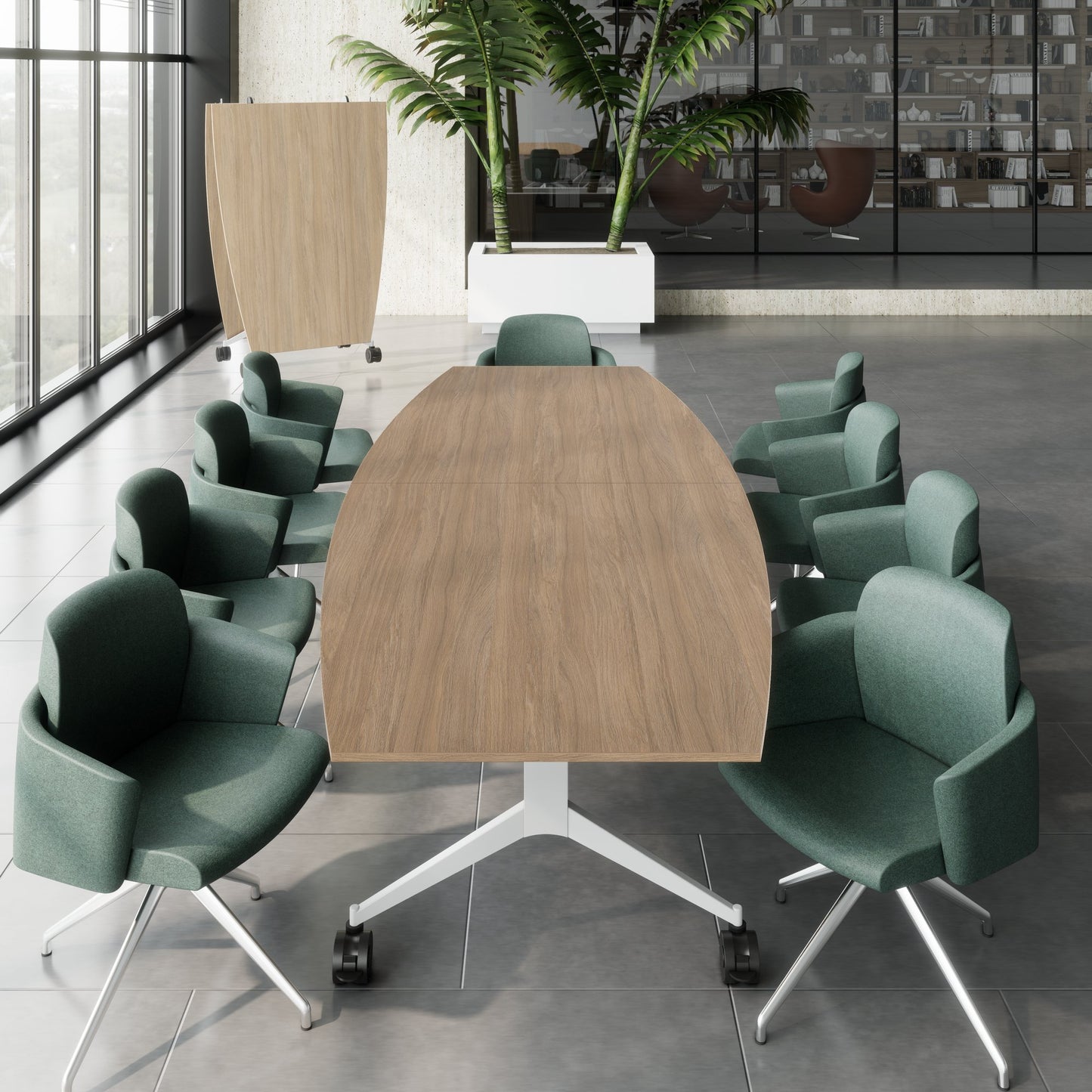 MARA - TIMMY LIBRO Table de conférence | forme bateau, 3200 x 1200 mm (10 à 14 personnes), roulante, pliable, chêne ambré