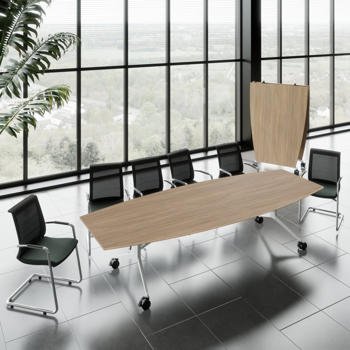 MARA - TIMMY LIBRO Table de conférence | forme bateau, 3200 x 1200 mm (10 à 14 personnes), roulante, pliable, chêne ambré