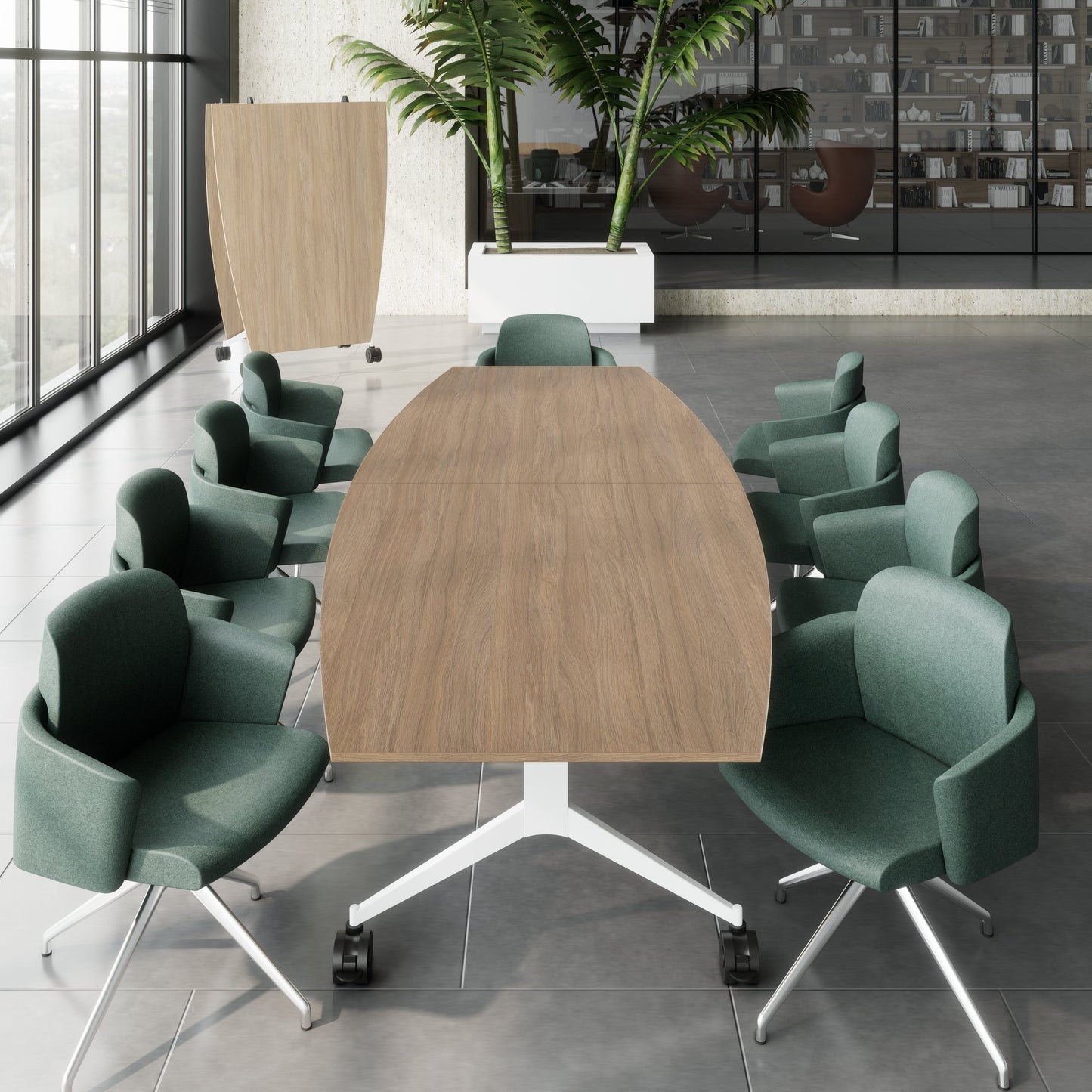 MARA - TIMMY LIBRO Table de conférence | forme bateau, 3200 x 1200 mm (10 à 14 personnes), roulante, pliable, chêne ambré