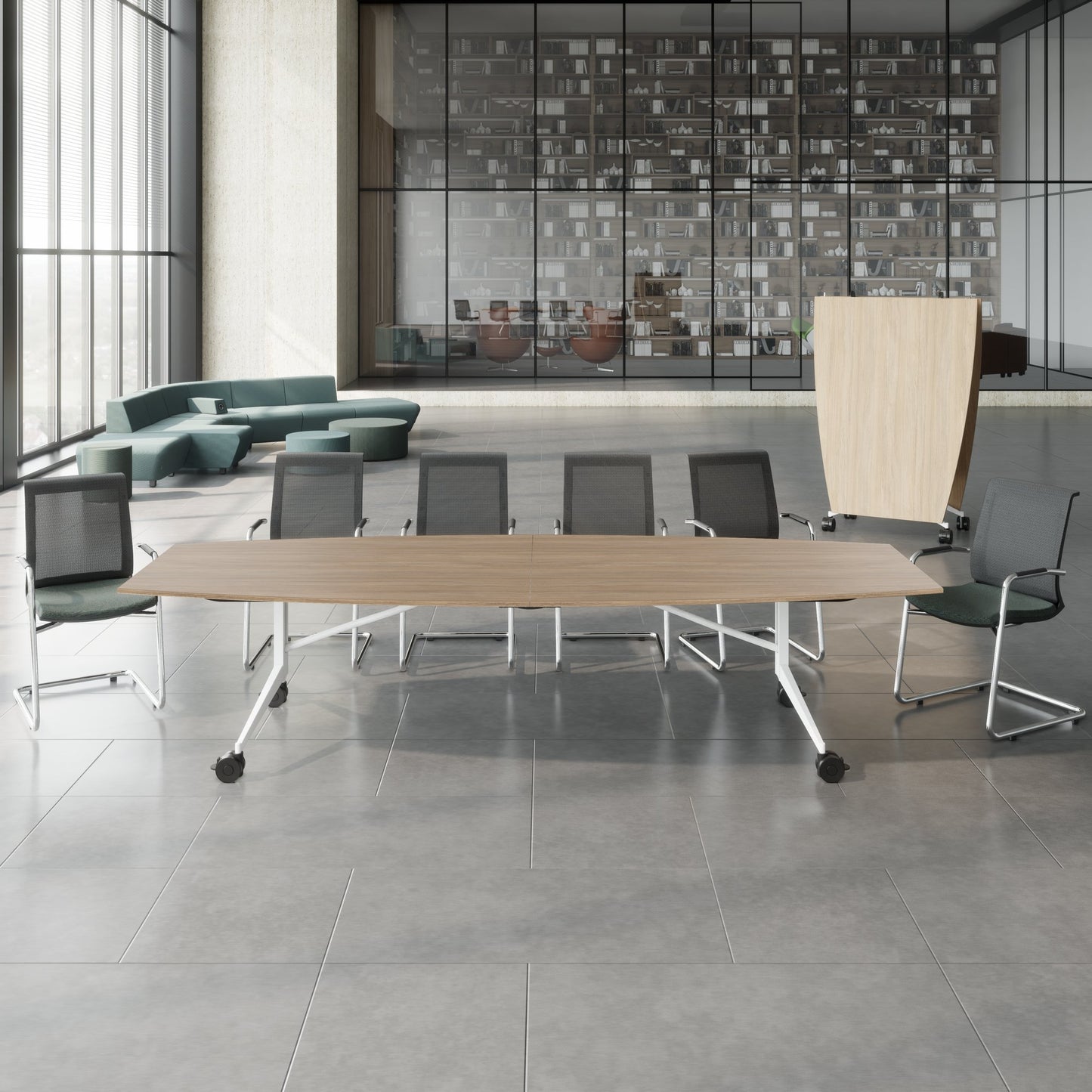 MARA - TIMMY LIBRO Table de conférence | forme bateau, 3200 x 1200 mm (10 à 14 personnes), roulante, pliable, chêne ambré