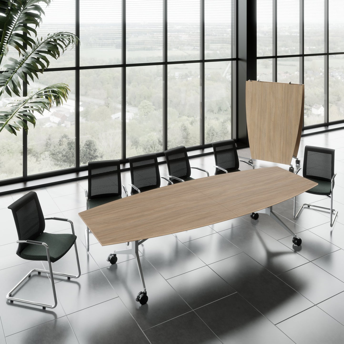 MARA - TIMMY LIBRO Table de conférence | forme bateau, 3200 x 1200 mm (10 à 14 personnes), roulante, pliable, chêne ambré